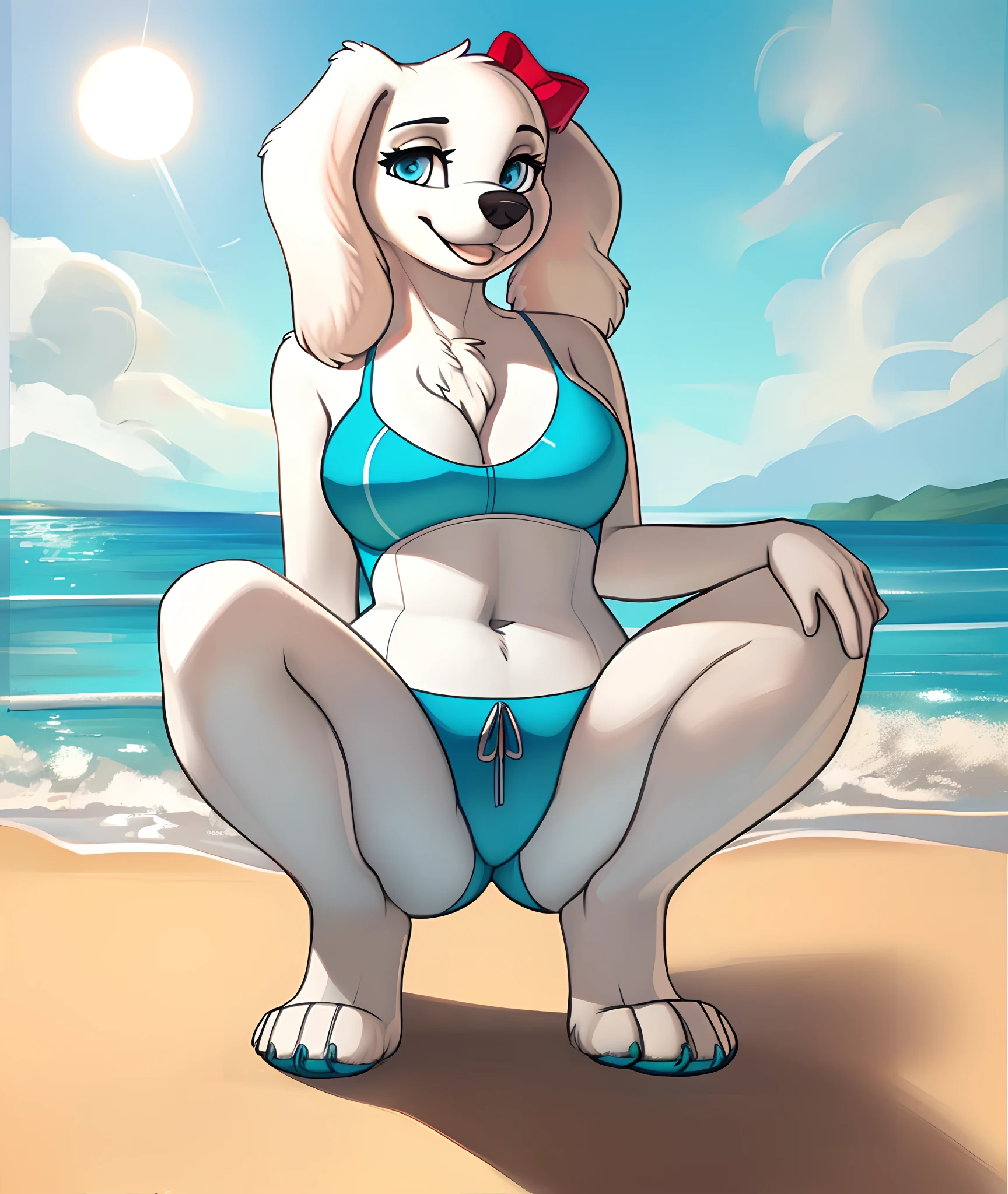 [fay spaniel], [Uploaded to e621.net; (mayosplash), (Pixelsketcher)], ((masterpiece)), ((HD)), ((High Quality)), ((solo portrait)), ((full body)), ((front view)), ((feet visible)), ((furry; anthro dog)), ((detailed fur)), ((detailed shading)), ((beautiful render art)), ((cel shading)), ((cinematic lighting)), {(anthro labradorpoodle), white fur, black nose, (long white floppy labrador ears), (cute round blue eyes), white hair, (excited smile), (gorgeous hips), (beautiful legs), (beautiful feet)}, {(teal bathing suit), (red bow on head), {(squatting), (looking at viewer)}, [background; (beach), (sun rays), (blue sky), (beautiful ocean)]