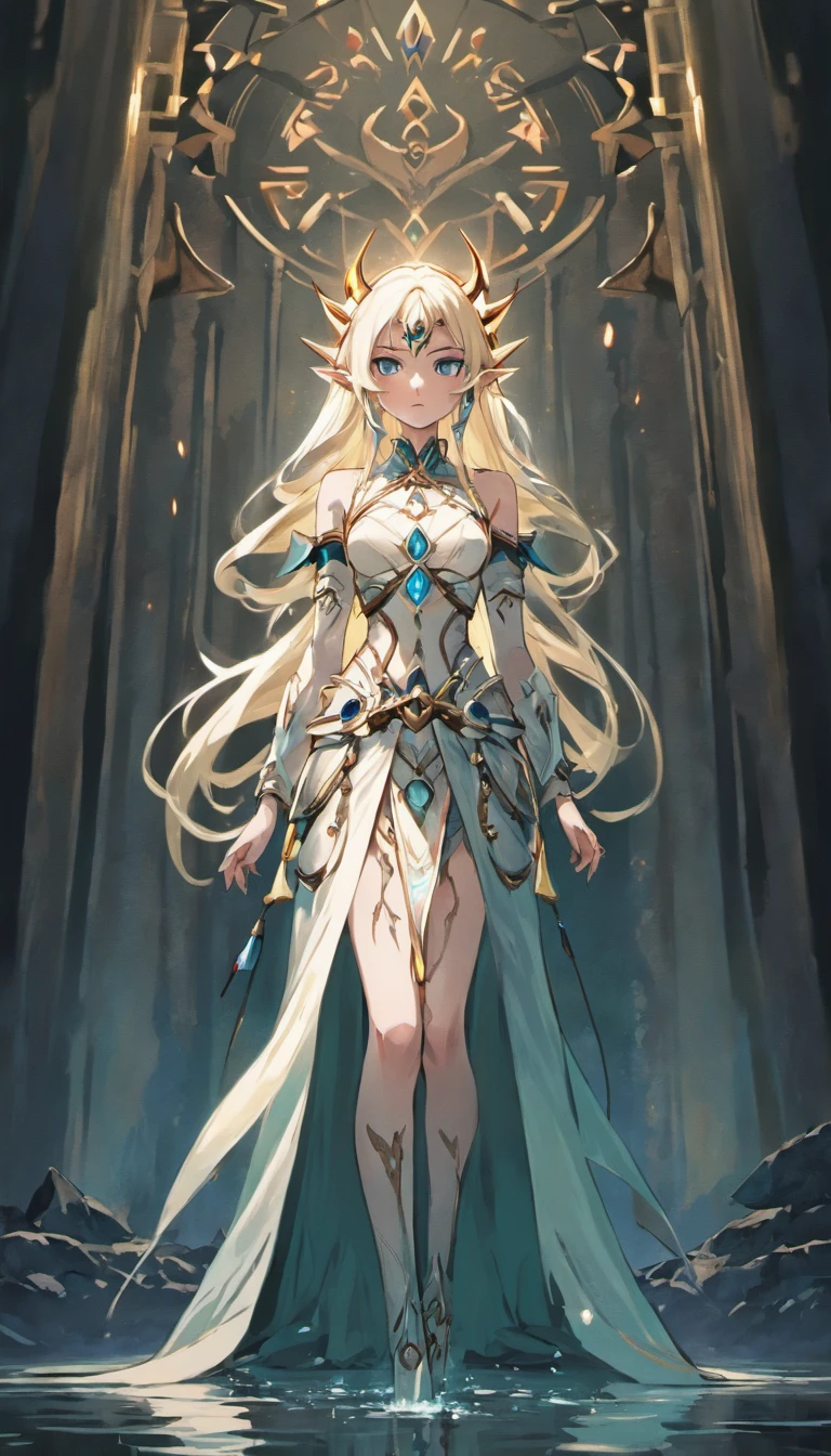 (Masterpiece, best quality: 1.2), very delicate and beautiful, best lighting, best shadow, (long white hair 1.5), ((a 20 year old woman 1.8)), ancient Chinese dress, Hanfu, with nine tails, ((long white dress 1.5)), standing, blue eyes, night, wild country 1.5, scary expression, (extremely accurate), (mysterious), half, full body, ((Masterpiece)), (((best quality))), 8k, high detailed, ultra-detailed. A beautiful elf with platinum blonde hair, straight and long, flowing down to her buttocks. She is wearing an abundant light leather archer armor. Inside the room, there is a glass display case with a red-light district Amsterdam theme. The room has a medieval vibe with dark colors dominating. In the center of the scene, the elf is standing near water drops, her eyes filled with a melancholic expression. Her piercing blue eyes have a golden cross iris. She wears an iron collar resembling that of a prisoner. On her shoulder, there is a single tattoo shaped like a seal.