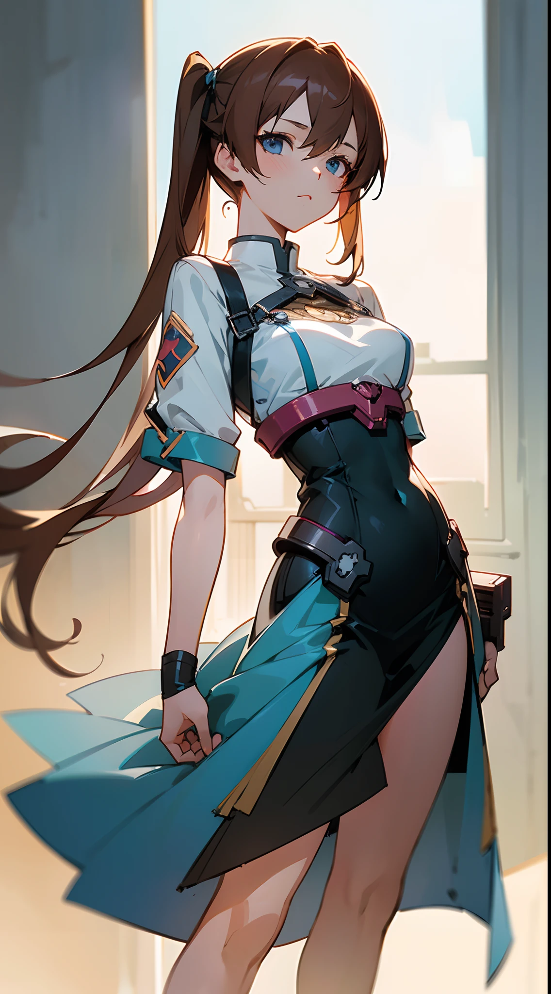 (masterpiece, best quality:1.3),beautiful detailed glow,best illuminate,(((best quality,textile shading,ultra detailed))),extremely detailed CG unity 8k wallpaper,Highly Detailed beautiful and aesthetic,best light,high resolution,detailed,dynamic lighting , 1Character ,  pastel washed out colors , cell shade , soft, muted shades ,gentle colors ,sword art online art style

a woman in a white shirt and blue skirt, kantai collection style, anime waifu in a nice dress, anime style 4 k, trending on artstation pixiv, anime visualgirl, guweiz on pixiv artstation, 
, guweiz on artstation pixiv, an anime woman, A stunning woman , extremely long hair , reddish ￼brown hair , hair in pig tails , straight hair , baby blue eyes , large chest , ((wearing a tight dress)), ￼age 34 ,