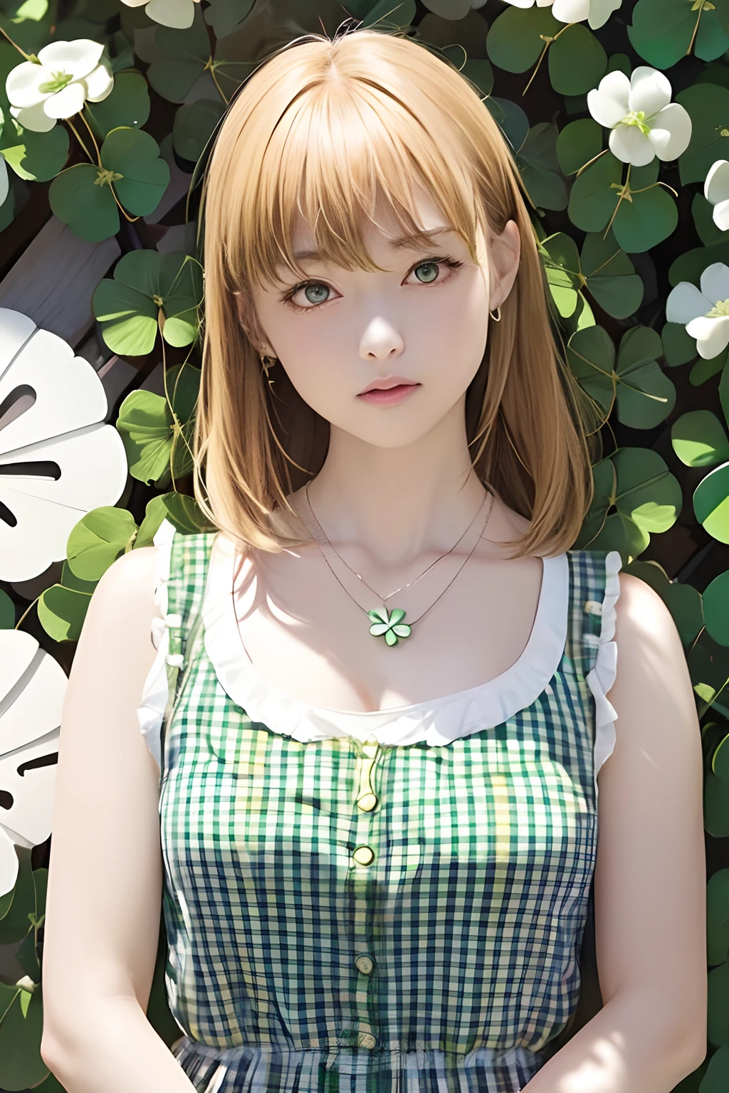 The upper part of the body、Sun slightly above the head、an oil painting、masterpiece、top-quality、hight resolution、Pitch black background、(((Blonde medium hair)))、(((White and green gingham plaid shirt)))、White and green sleeveless shirt、(((Clothes with an open neck)))、(((Arms folded in front of the chest)))、(((white and green clothing)))、(((You can see the chest)))、Angry face、(((25 years old women1a person)))、(((Clover Necklace)))、(((Arms in front of the body)))、Angry and complaining、