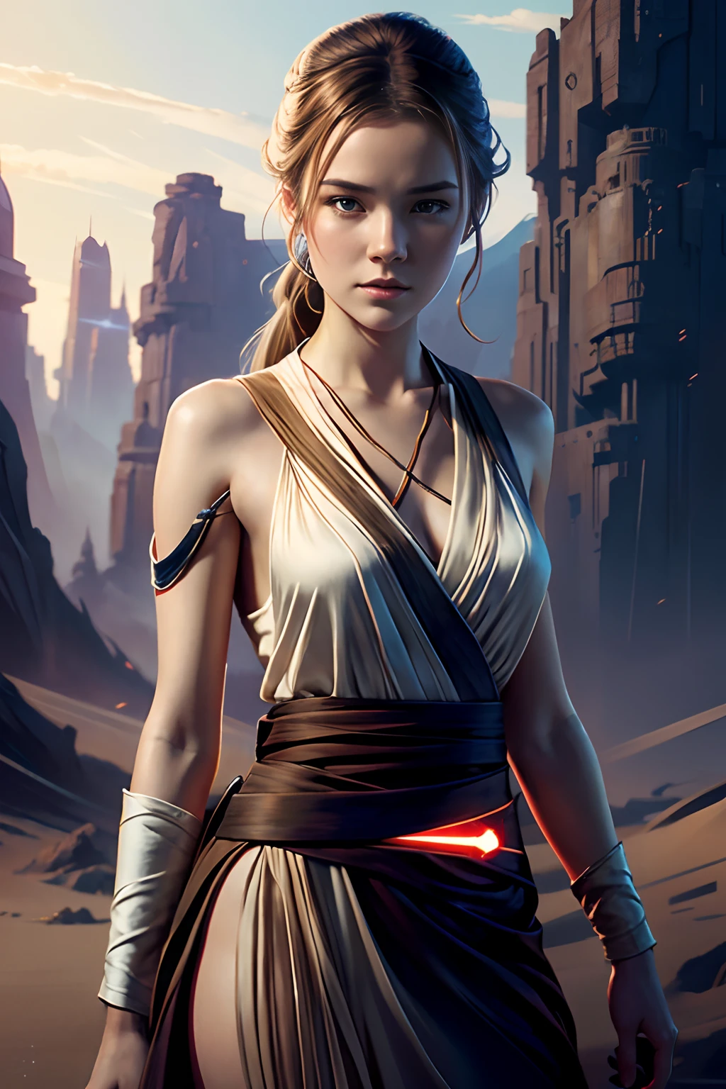 Young Woman Obi-Wan Kenobi, dynamicpose, Star Wars-style, by Yanjun Cheng, by krenz cushart, by Frank Frazetta, ultra detailed illustration, Tristan Eaton, Becky Clunan, Serge Marshennikov, Clean & Elegant Brush Strokes, Привлекательность —V 5.2 —Ar 1:2