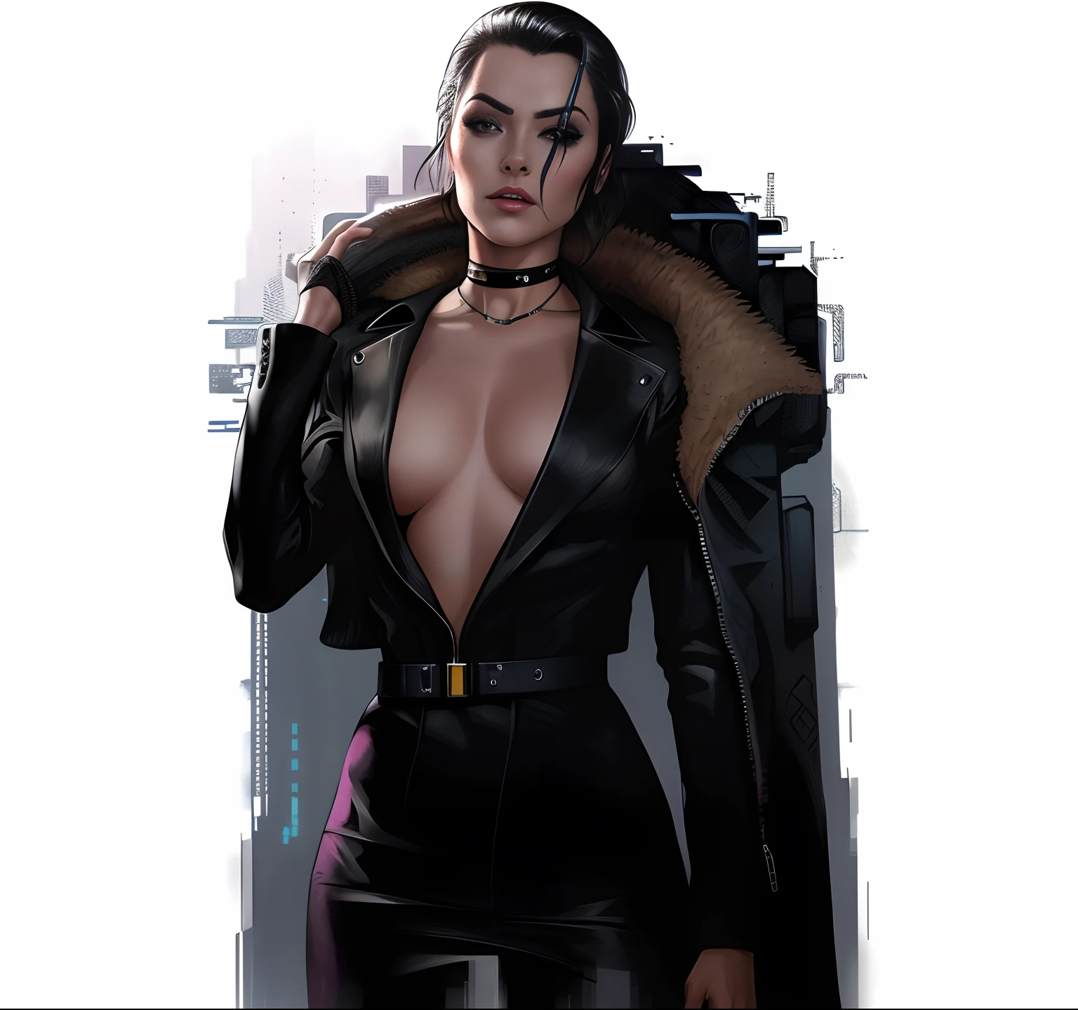 um close up de uma mulher de terno preto e capa, Cyberpunk femme fatale, pelo cobrindo seu peito, Aeon Estilo Flow, Neo - Estilo Preto, Neo Estilo Preto, style mix of æon flux, style is a blend of æon flux, olhar, Chega de Heroes Concept Art, female spy, joao ruas