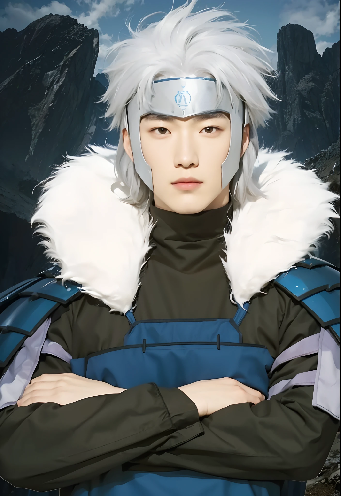 Real life adaption of this character, korean handsome face, Realistic same Messy hair,there is a iron plate on his head, realistic same outfit wear blue iron armor in the arms and chest and there is a White fluffy collar , realistic background mountain, realistic light, realistic shadow, realism, hyper realistic,(photorealistic:1.2)