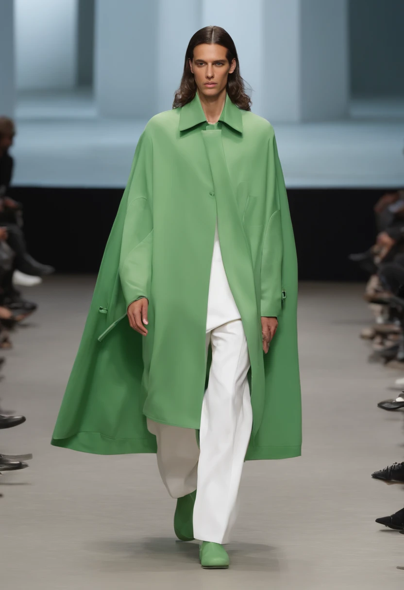 Un hombre con bata verde, combinando el verde y pantalones blancos caminando por una pasarela, Nuevo, atractivo masculino alta costura, estilo urbano, Rick Owens, con traje blanco futurista, Capas postmodernistas, Capa blanca muy larga, flowing white robes, Gabardina con muchos bolsillos, Technological long coat, Desfile de moda brutalista, Capa verde larga con texturas organicas, Hila Klein, inspirado en Alexander Mann, por Nina Hamnett, Design inspired by artificial intelligence.