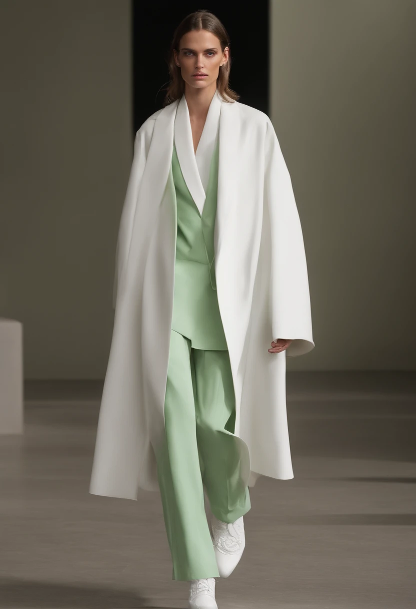 Un hombre con bata verde, combinando el verde y pantalones blancos caminando por una pasarela, Nuevo, atractivo masculino alta costura, estilo urbano, Rick Owens, con traje blanco futurista, Capas postmodernistas, Capa blanca muy larga, flowing white robes, Gabardina con muchos bolsillos, Technological long coat, Desfile de moda brutalista, Capa verde larga con texturas organicas, Hila Klein, inspirado en Alexander Mann, por Nina Hamnett, Design inspired by artificial intelligence.