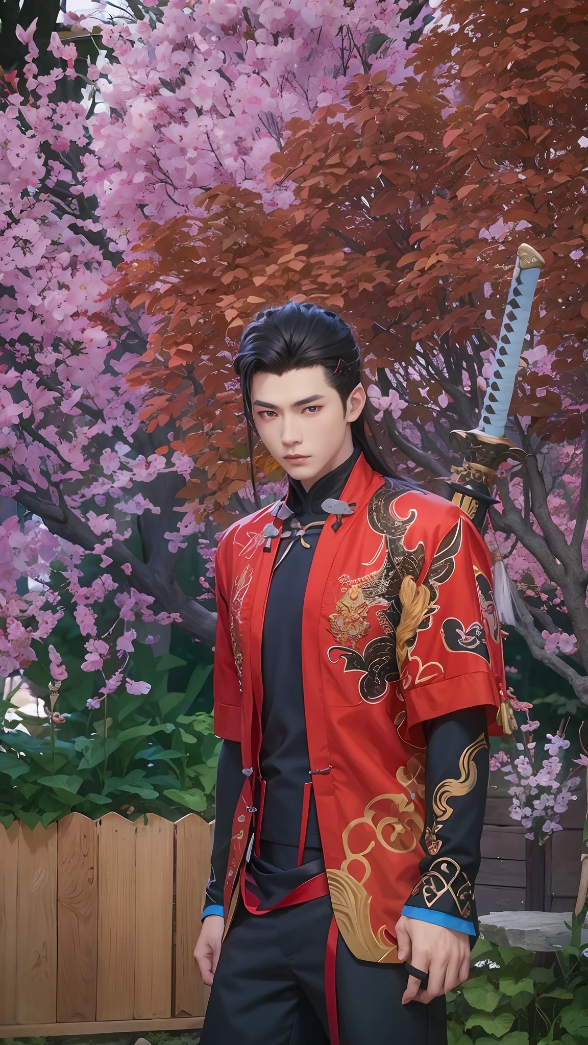 anime man in red jacket with sword and red tree in background, inspired by Huang Shen, inspired by Bian Shoumin, inspired by Wuzhun Shifan, inspired by Hong Ren, inspired by Ren Xiong, inspired by Guan Daosheng, inspired by Shen Quan, inspired by Du Jin, heise jinyao, handsome guy in demon slayer art