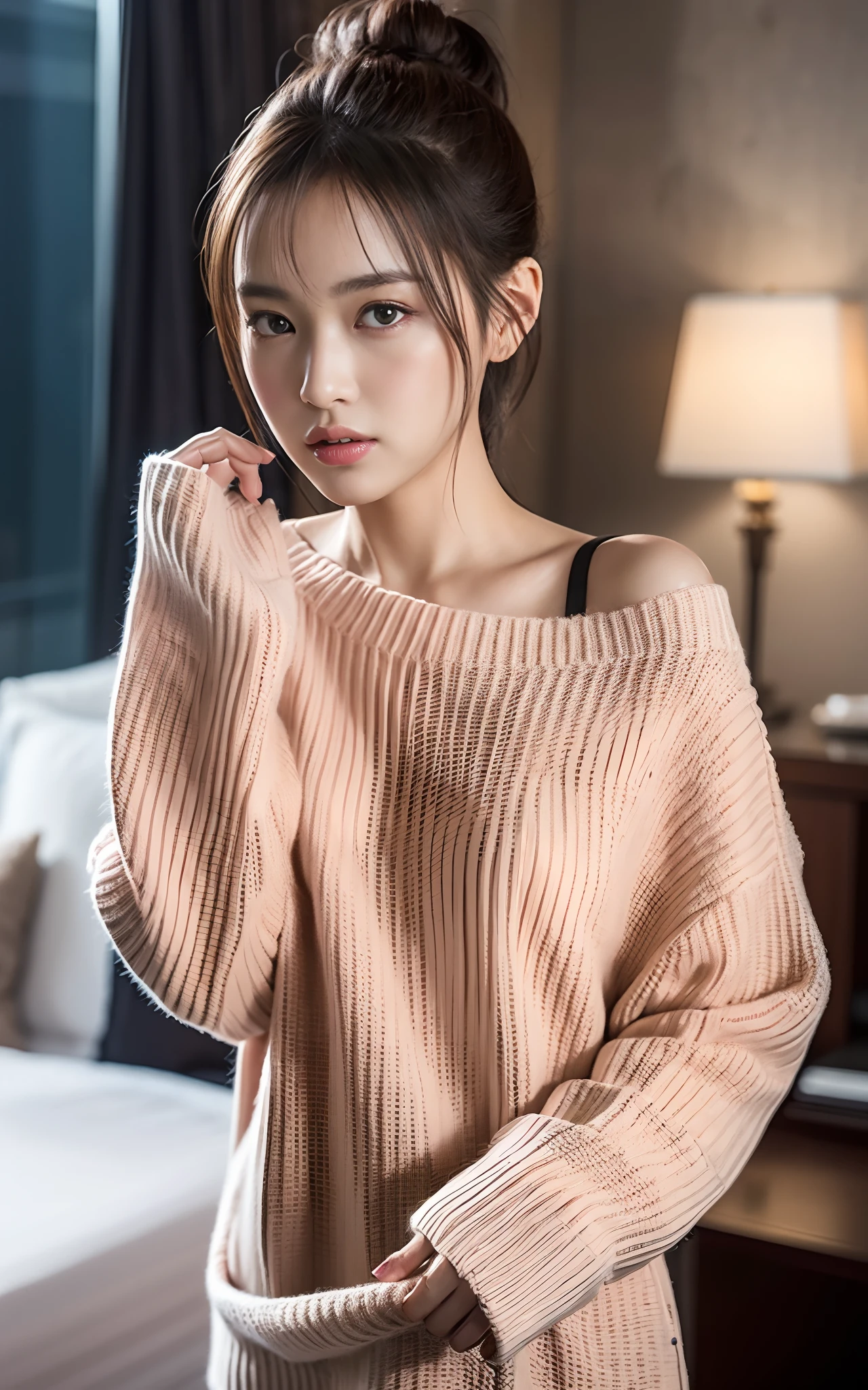 (((masterpiece、top-quality、illustratio、ighly detailed、8K、))、A Japanese Lady、frombelow、face perfect、lying on the bed、Lots of sweat、opened legs、((Opening Mouth、closed her eyes)、charactor focus、blurry backround、seductiv、Hidden fingers、A sexy、red blush、glistning skin、radiant eyes、The whitest skin、disheveled short hair、sface focus、red-lips、agitation、Tight sweaters、Sheer underwear、masturbation