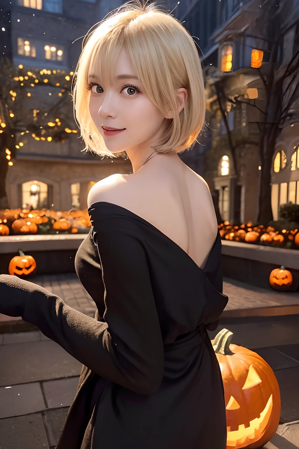 (Oil Painting, masutepiece, Best Quality, ultra-detailliert, Focus on character), short blonde hair, ([Back:0.8]|[ facing back:1.1]), smil、open open mouth,Wizard Cosplay、Halloween,pumpkins, ([Cold Scenario:1.2]|[ snowy background:1.3]| [High contrast:1.1])