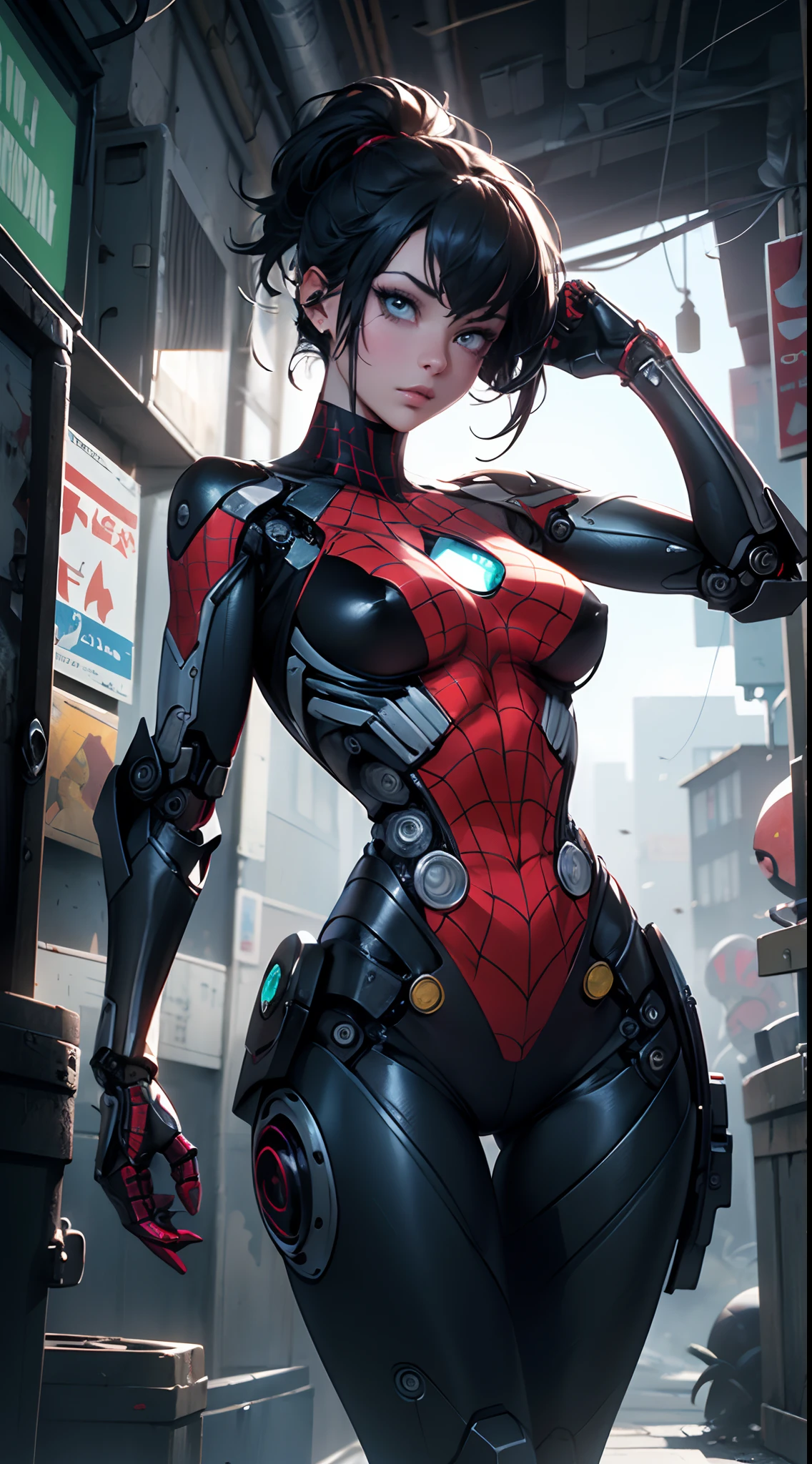 A woman in a spider - man suit standing in a street - SeaArt AI