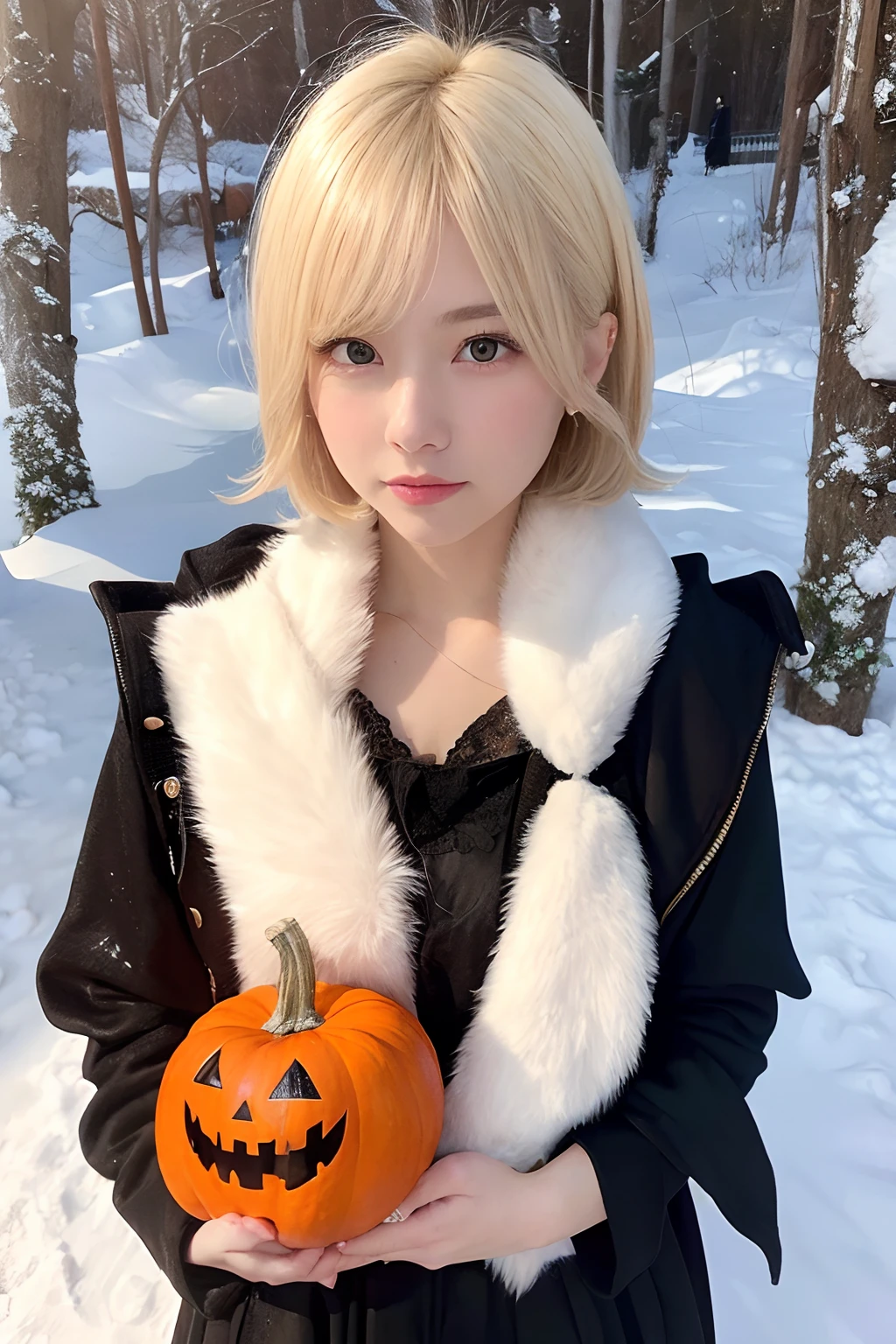 (Oil Painting, masutepiece, Best Quality, ultra-detailliert, Focus on character), short blonde hair, ([Back:0.8]|[ facing back:1.1]), Serious face,open open mouth,Wizard Cosplay、Halloween,pumpkins, ([Cold Scenario:1.2]|[ snowy background:1.3]| [High contrast:1.1])