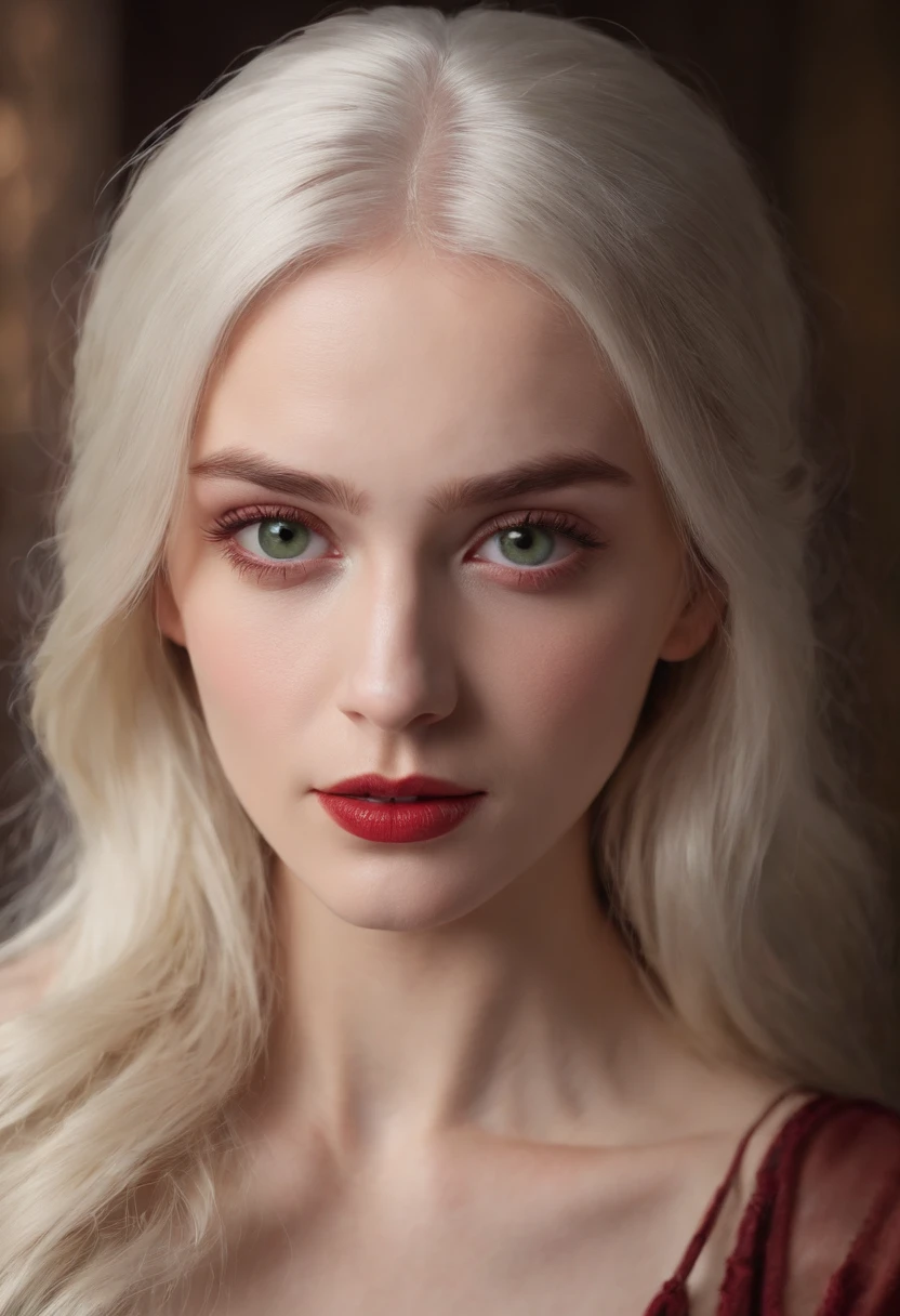 (((a deep reddish wound crosses her left cheek))) fair complexion, woman around 19 years old, natural white hair, distinctive green eyes, wearing kohl, slender and graceful, beautiful, candlelight in a medieval setting, ultra sharp focus, realistic shot, no clothes, tetradic colors (scar:1.4)
