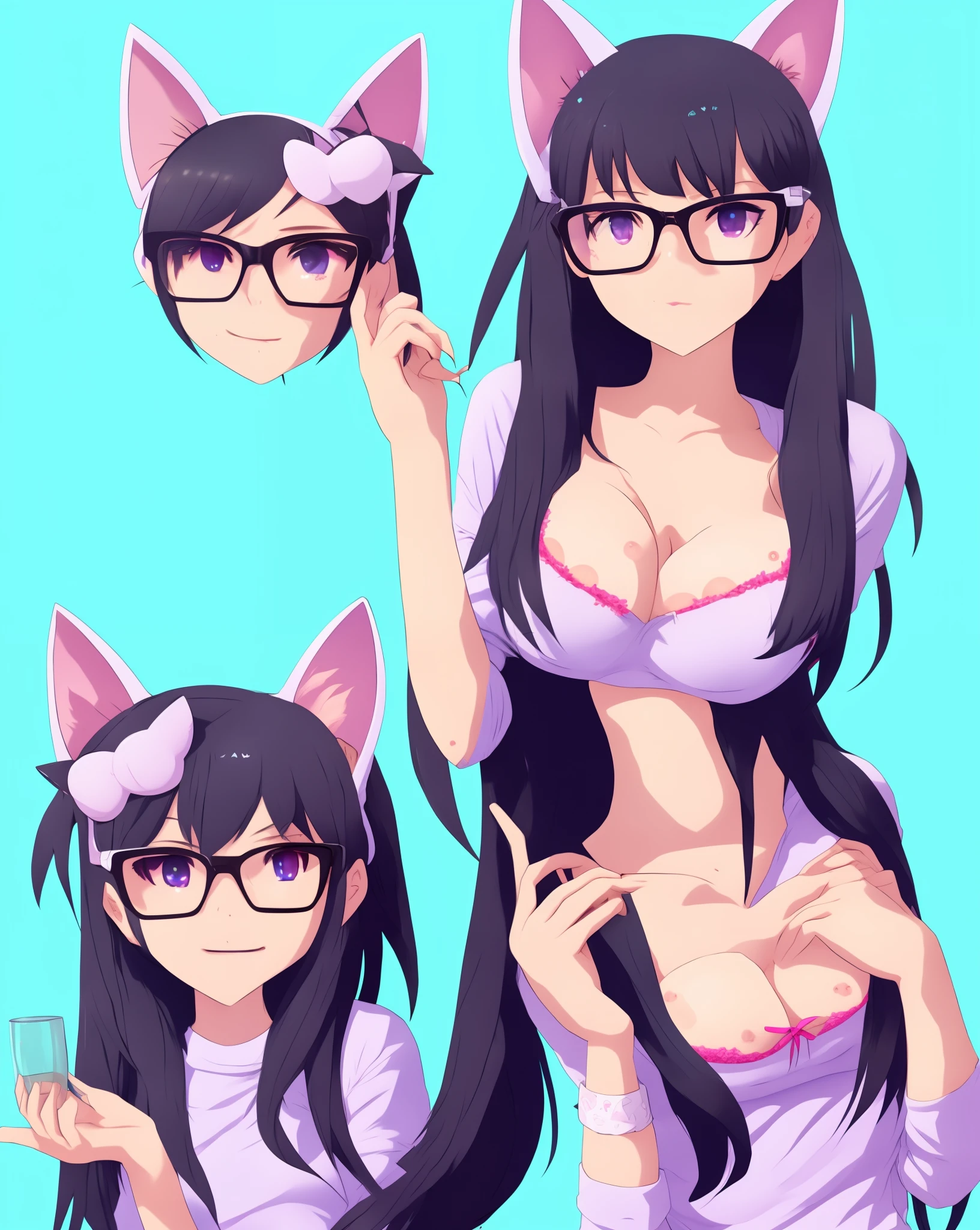 Gamer girl, cute glasses, cat ears, big boobs, wearing sweater
