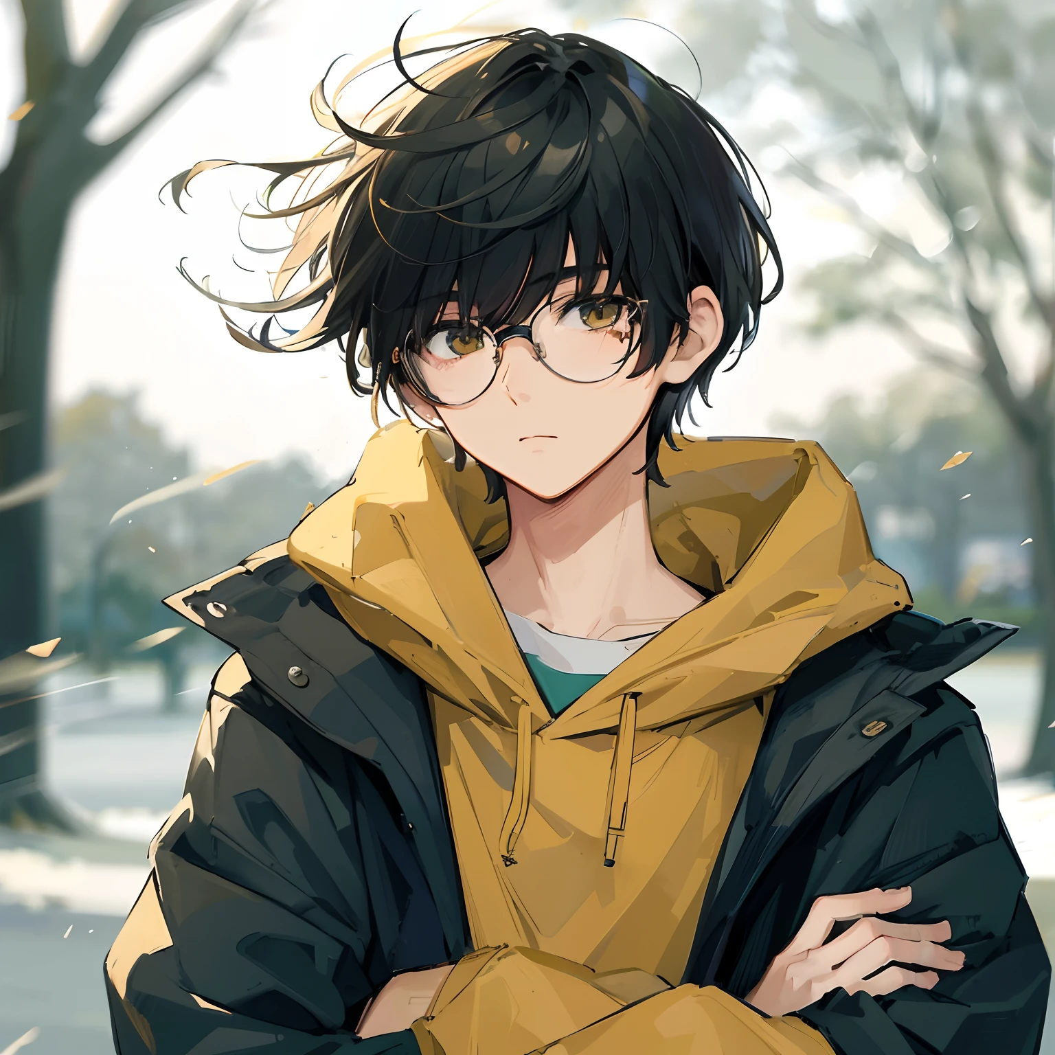 Japanese anime, beautiful young man, dark hair, bowl cut, round glasses, yellow hoodie, arms crossed, cold, wind blowing depicted, park in background,high quality, amount of drawing, pixiv illustration