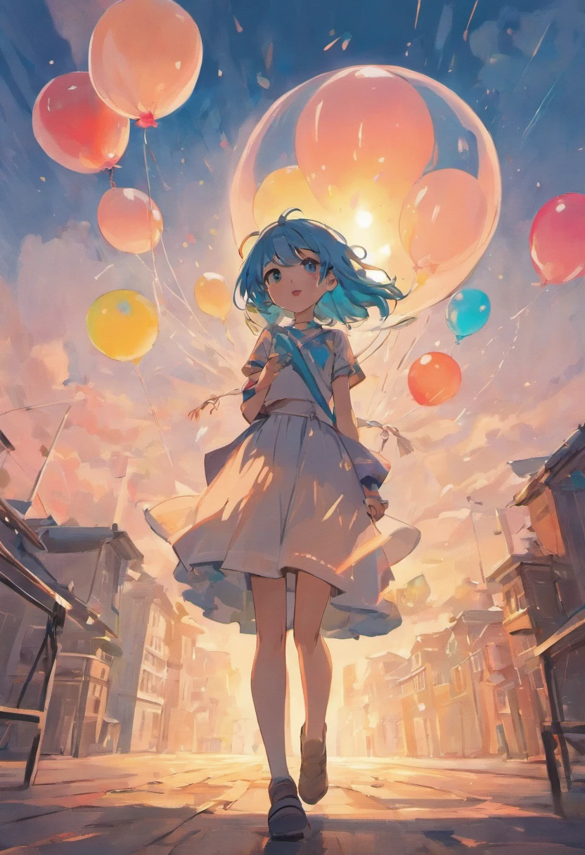 Draw a van with balloons floating in the air, stunning art style, RHADS!!!, digital cartoon painting art, in style of atey ghailan, beautiful retro art, in style of digital illustration, hand painted cartoon art style, atey ghailan 8 k, rhads and lois van baarle, Inspired by Atey ghailan, author：Jerry Weiss