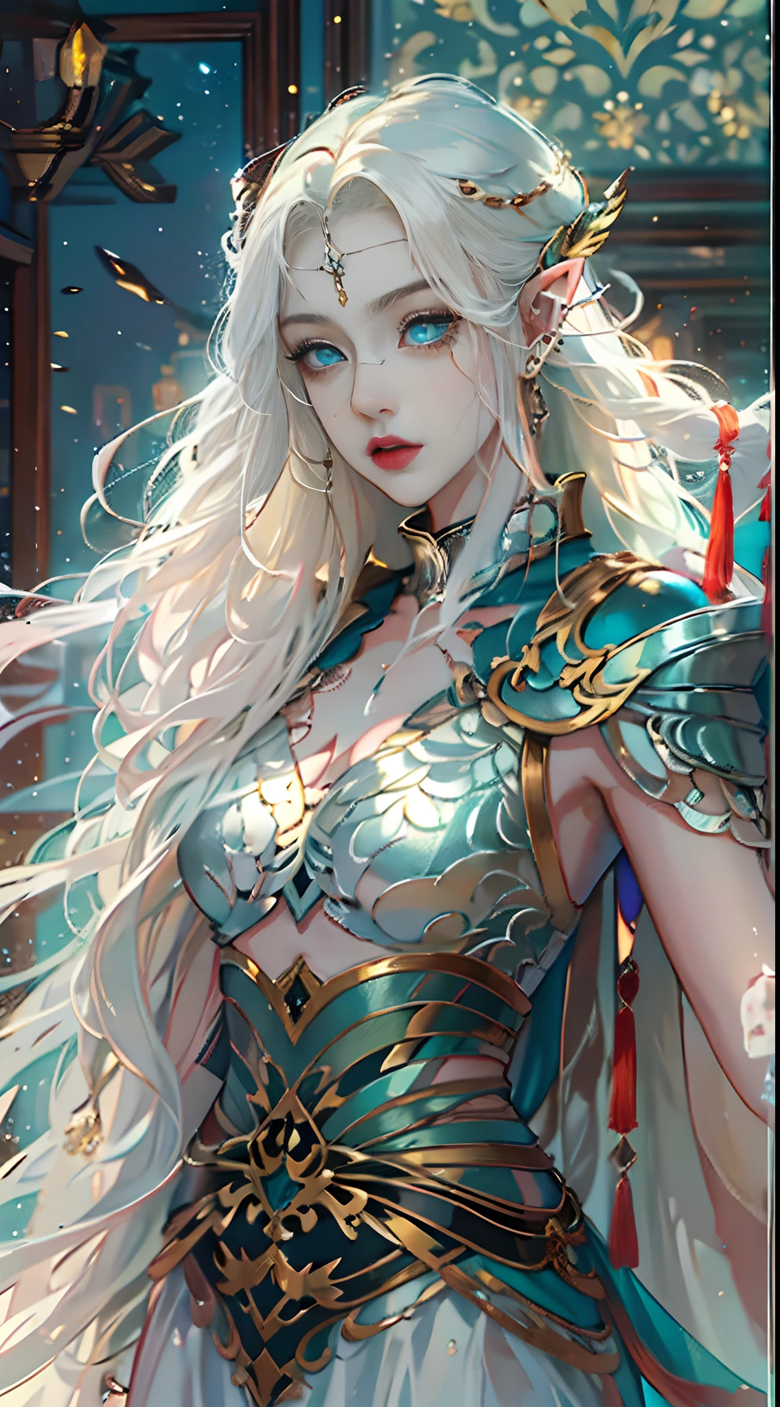 (Masterpiece, best quality: 1.2), very delicate and beautiful, best lighting, best shadow, (long white hair 1.5), ((a 20 year old woman 1.8)), ancient Chinese dress, Hanfu, with nine tails, ((long white dress 1.5)), standing, blue eyes, night, wild country 1.5, scary expression, (extremely accurate), (mysterious), half, full body, ((Masterpiece)), (((best quality))), 8k, high detailed, ultra-detailed. A beautiful elf with platinum blonde hair, straight and long, flowing down to her buttocks. She is wearing an abundant light leather archer armor. Inside the room, there is a glass display case with a red-light district Amsterdam theme. The room has a medieval vibe with dark colors dominating. In the center of the scene, the elf is standing near water drops, her eyes filled with a melancholic expression. Her piercing blue eyes have a golden cross iris. She wears an iron collar resembling that of a prisoner. On her shoulder, there is a single tattoo shaped like a seal.