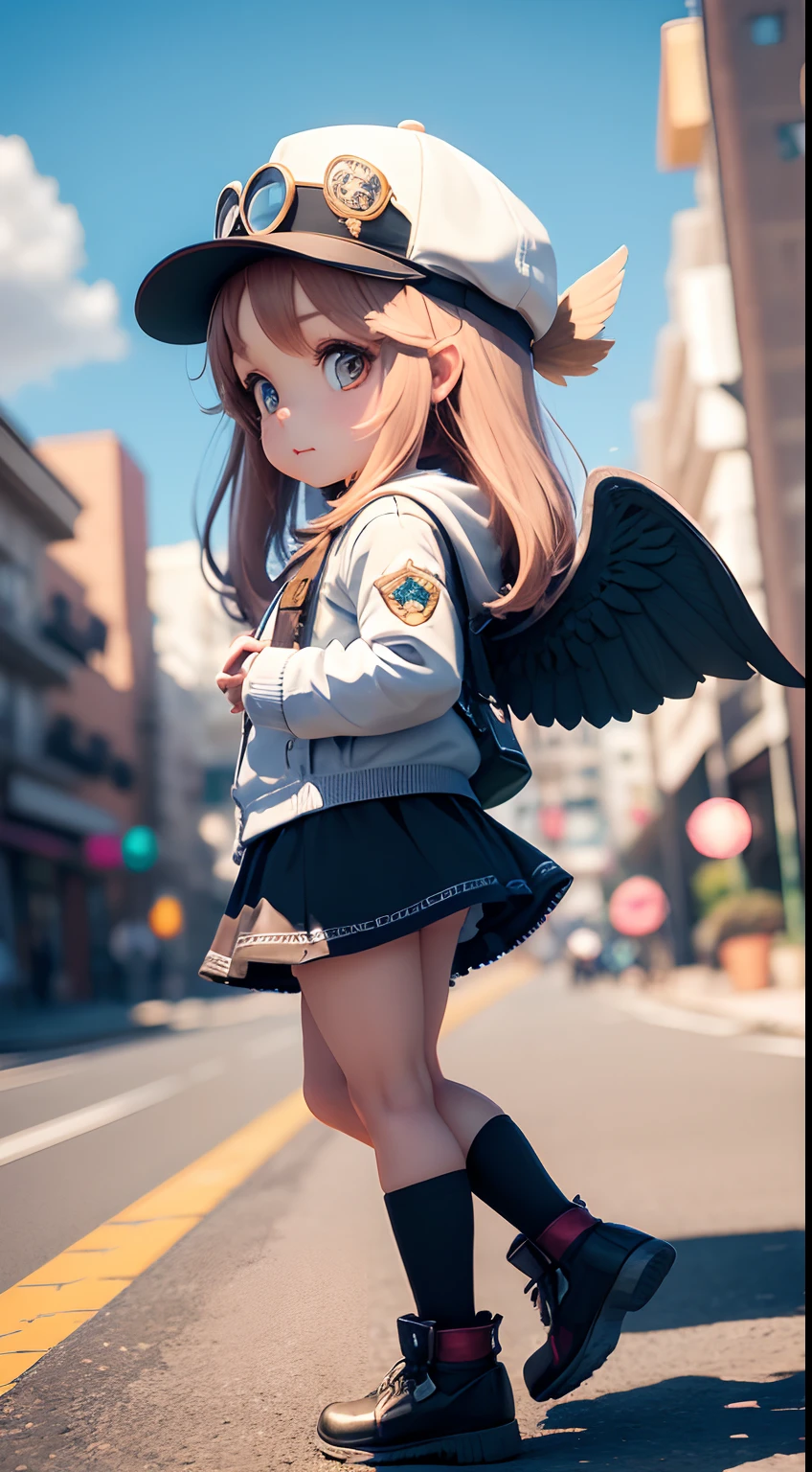1 very cute girl,There are wings on the back,With a hat on,The sky flies,chibi girl,3d anime girl,3d effect,(Full body like),super detailing
