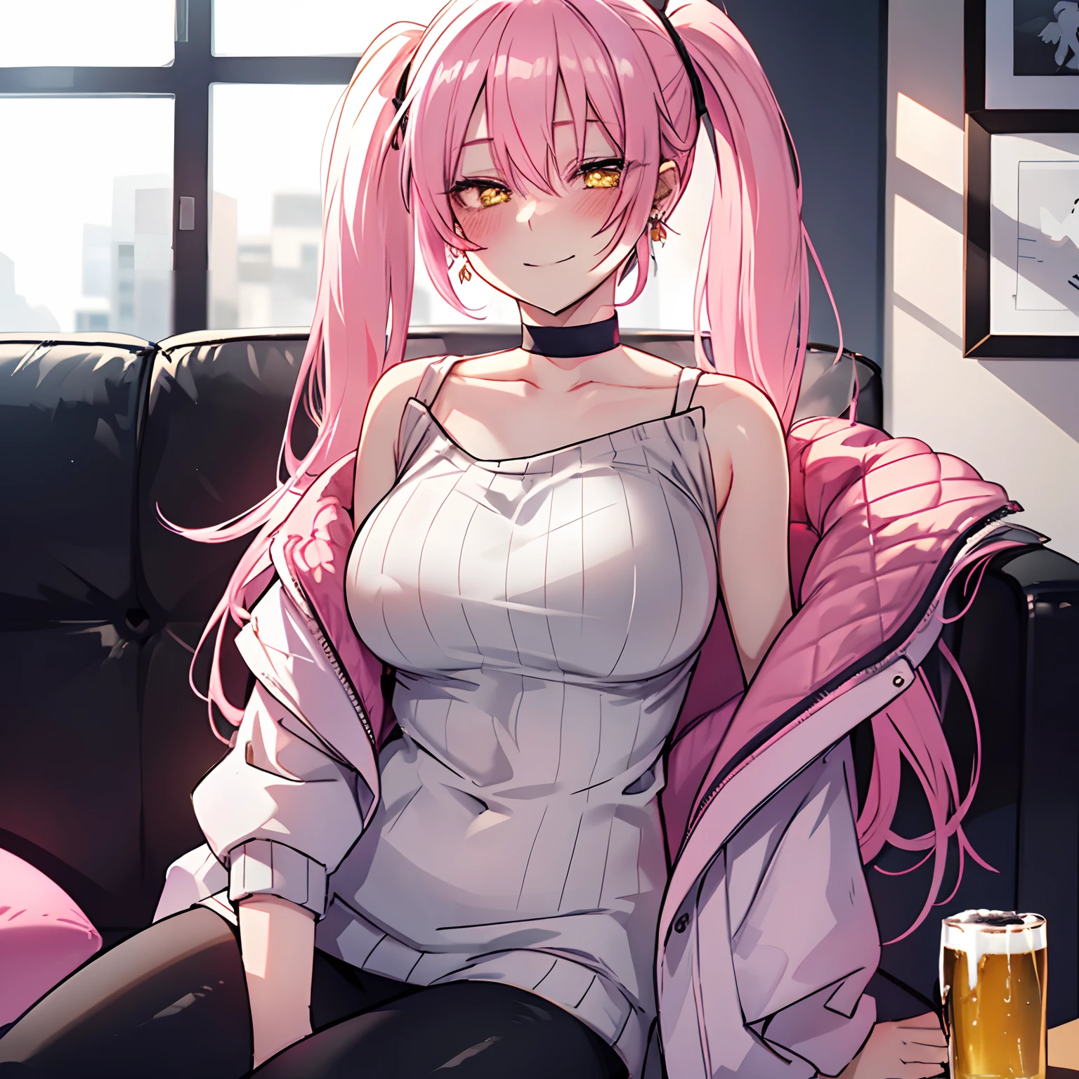 1 girl, yellow eyes, Twintails hair, long hair, pink hair, medium breast, medium ass, smile, Happy, Bobby pins, Choker, smile, happy facial ,Earrings, Black leggings, light gray drop shoulder sweater top, pink coat, sitting on a couch, lazy, relaxed, sleepy face, bored, drinking beer, blushing from drinking, blurred background, ultra detailed, 8K wallpaper, reflection light, ray tracing, realistic