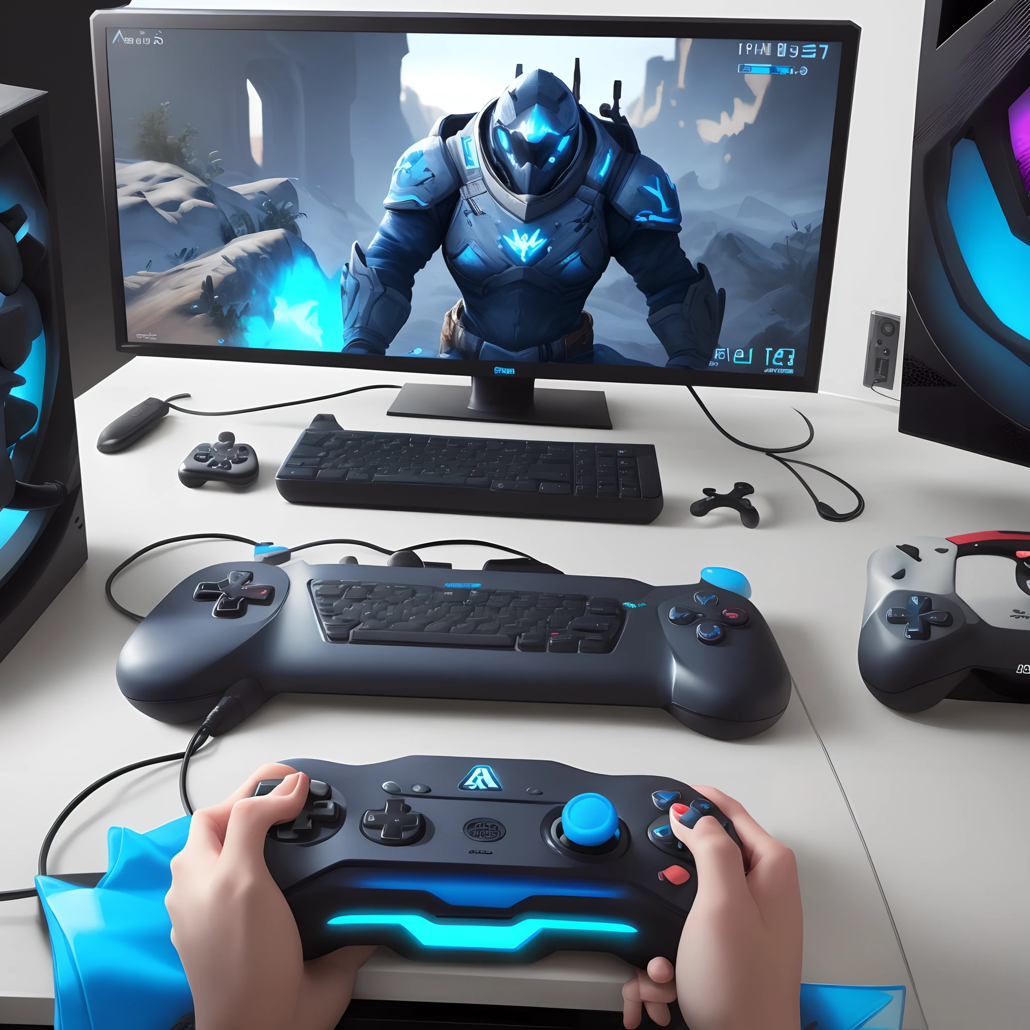 white and blue gaming setup