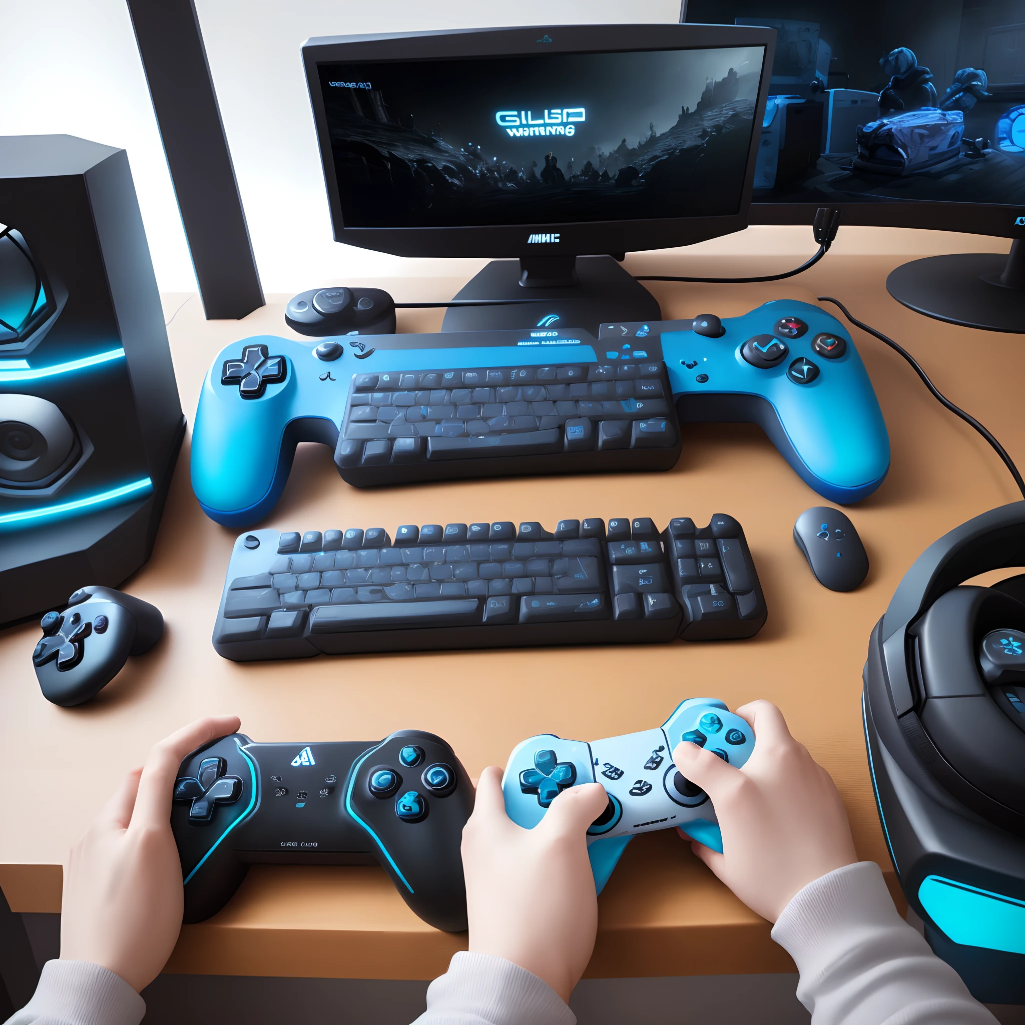 white and blue gaming setup