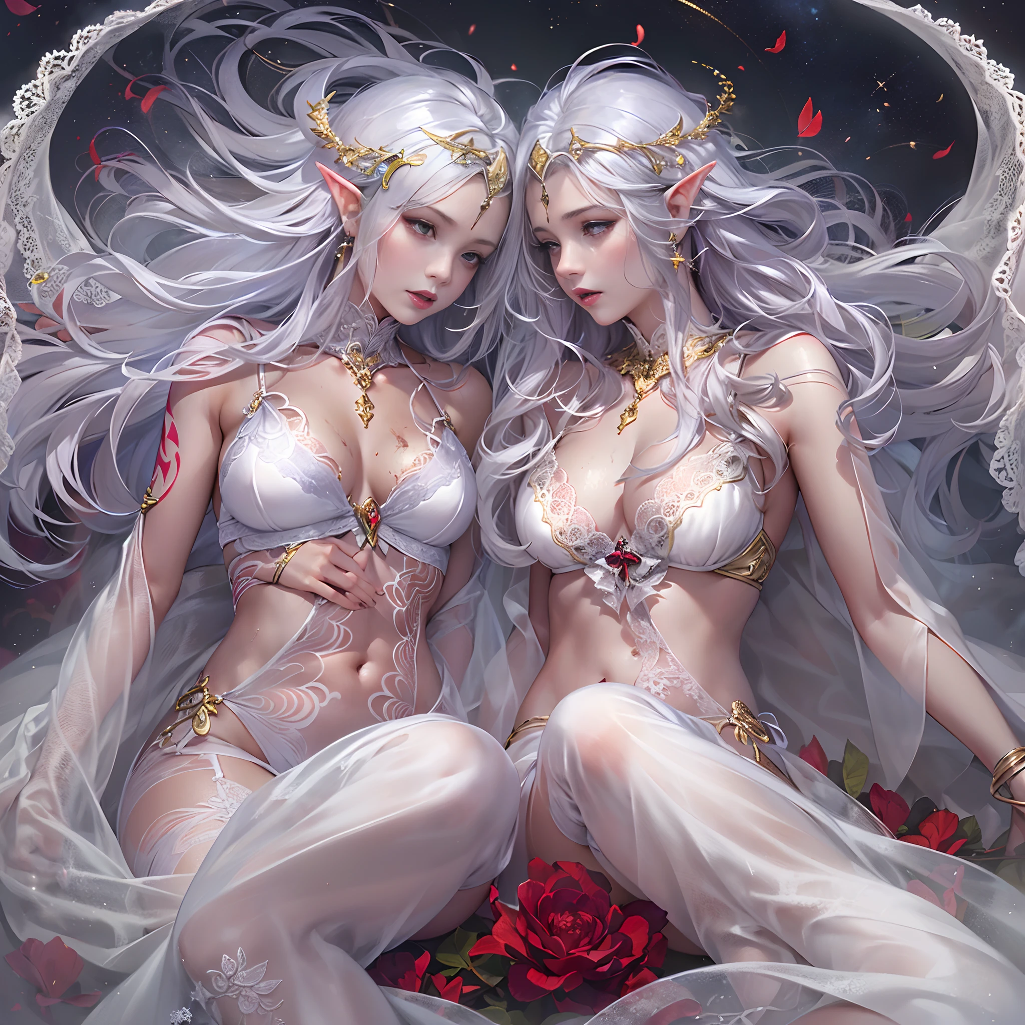 Sisters, Milky Way, Crescent Moon, Meteor Shower, Silver Hair, Feathered Angel Wings, Elven Ears, Transparent Finish, Realistic Body Lines, (((Many long white lace veils flutter in the wind))),((Red tattoo with womb under the navel))))), (Silk gold and silver lingerie), ((((Dirty crest)))