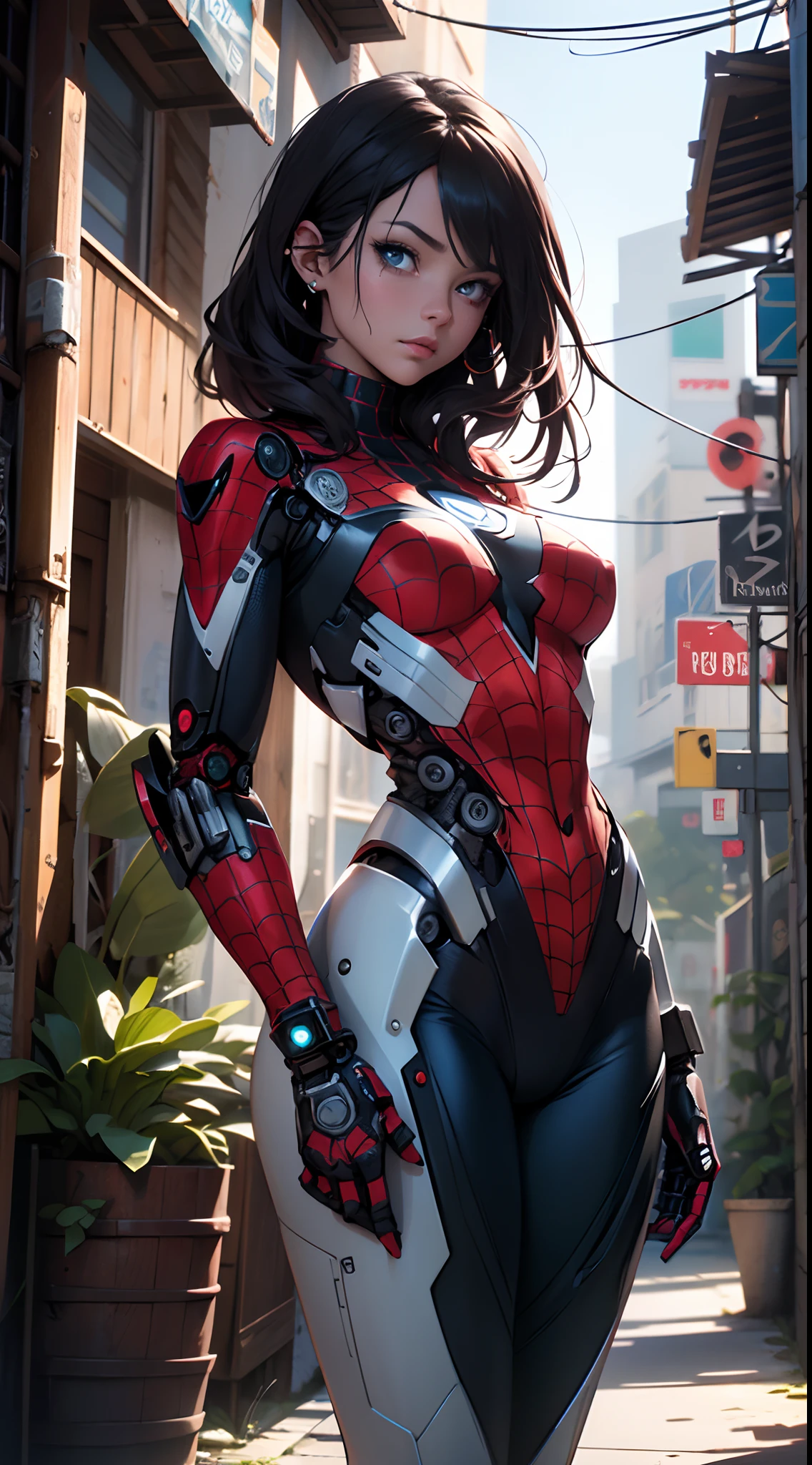 PunkAI, (CyberpunkAI:1.4), H1C4TT3CH, (hermosa mujer Spider-Man), Cybernate, (robot:1.4), ciborg, Renderizado de Unreal Engine en 8K, Dentro de una intrincada ciudad llena de neones, action shot, Iris intrincado detallado, Very vivid lighting, sombras pesadas, Detallado, (Vibrante, Foto realista, realista, dramatic, oscuro, foco nítido, 8k),,motor irreal:1.4,UHD,La mejor calidad:1.4, fotorrealista:1.4, textura de la piel:1.4, obra maestra:1.8,obra-prima, mejor calidad,(Beautiful and detailed eye description)