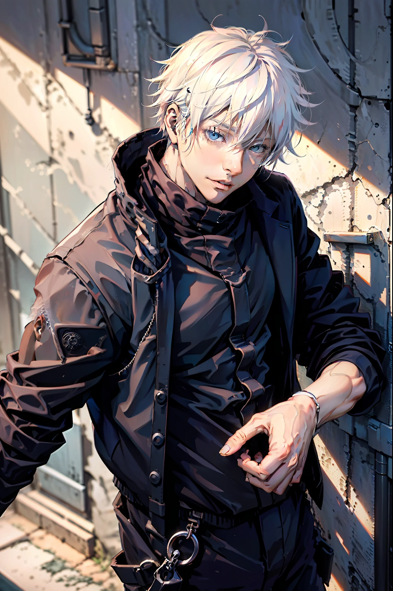 (absurdos, Altas Resoluciones, Ultra detallado, HDR), Obra maestra, nsfw, La mejor calidad, jujutsu kaisen, gojo satoru, 1hombre solamente en combate, guapo, pelo corto, cabello blanco, Ojos azules vibrantes, ojos finos y cara detalladas, (((Fuego, llamas, a su espalda)) Armadura, ((Arma intrincada)). Final Fantasy, abs, badass pose, Chico de anime con las manos agarrando su espada, pose de anime combatiendo, Anime hombre guapo, Personaje masculino de anime, Badass Anime 8K, Arte detallado del personaje de anime, Concepto de anime HDR Anime MacManus, Chico anime, Ikuto Yamashita, Anime CG arte suave, Fondo de pantalla de manga 4 k, inspirado por Yamagata Hiro, Wallaper de anime