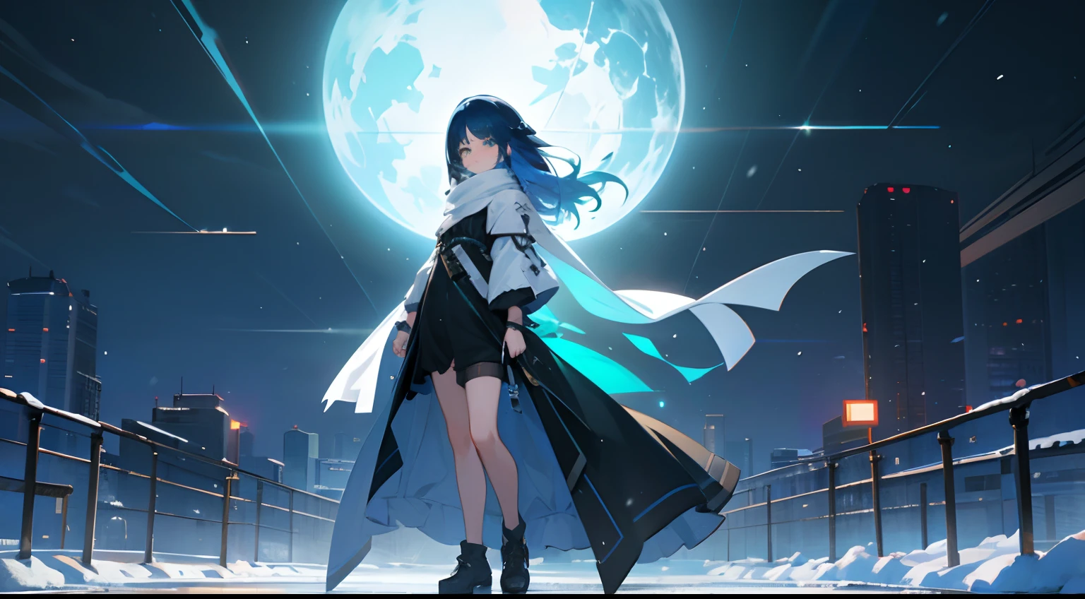 1girl, blue hair, thick hair, bangs, white scarf, night snowy city, green eyes, black long sleeve dress, irithyll of the boreal valley, streets, full shot, full body, beautiful and aesthetic, extremely detailed, colorful, highest detail, perfect face, HDR, perfect anatomy, light leaks, shiny skin, high quality, 1girl, 8k, 4k, RAW photo, official artwork, lonely feeling, lost in thoughts, scenery