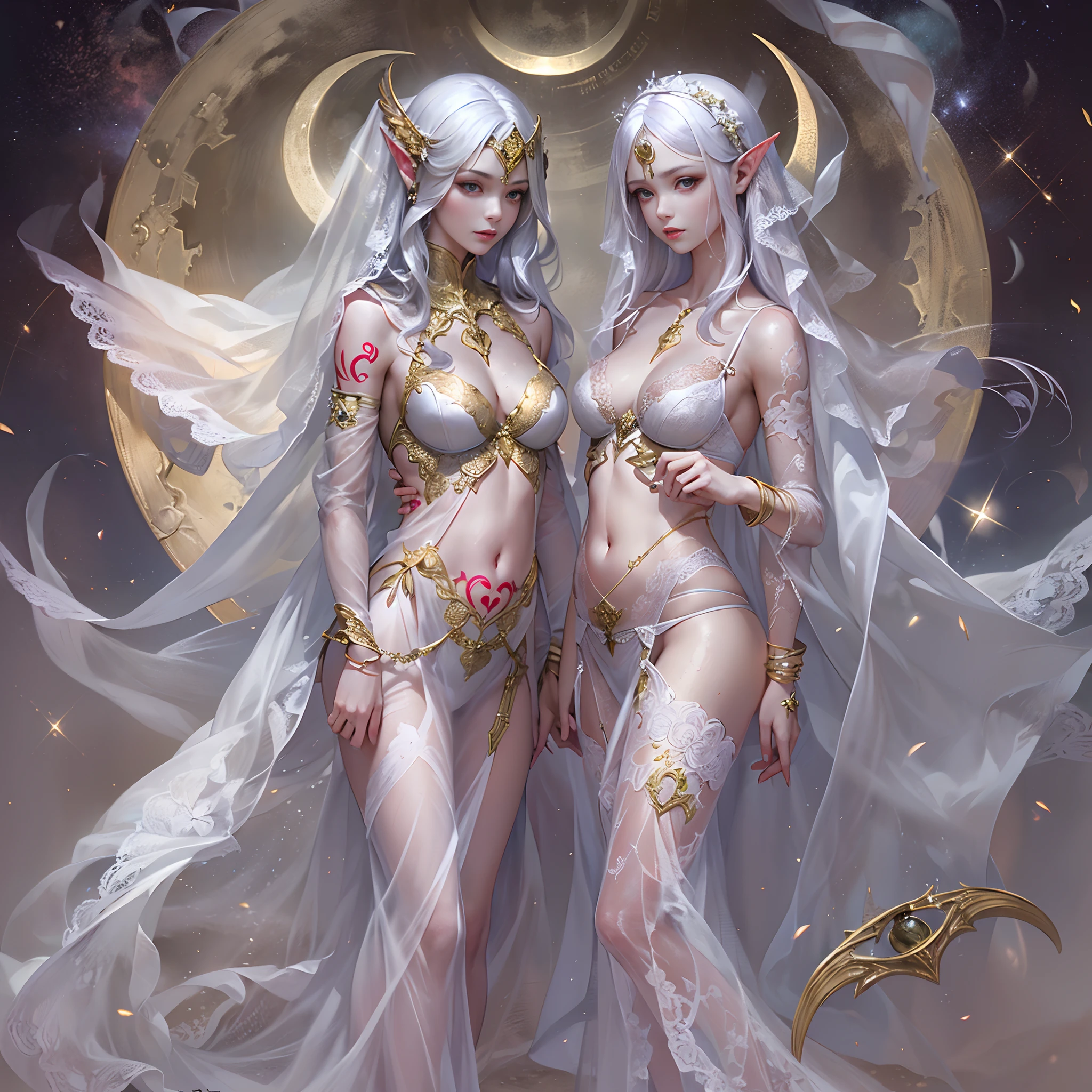 Sisters, Milky Way, Crescent Moon, Meteor Shower, Silver Hair, Feathered Angel Wings, Elven Ears, Transparent Finish, Realistic Body Lines, (((Many long white lace veils flutter in the wind))),((Red tattoo with womb under the navel))))), (Silk gold and silver lingerie), ((((Dirty crest)))