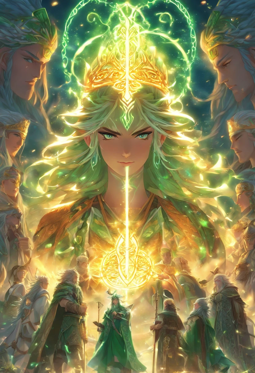(((Tuatha Dé Danann))) best quality, ultra-high resolution, 4K detailed CG, masterpiece, Celtic Group, Celtic clothing, white clothing, Celtic mythology, ((Tuatha Dé Danann)), Celtic image, aesthetic , centered on screen