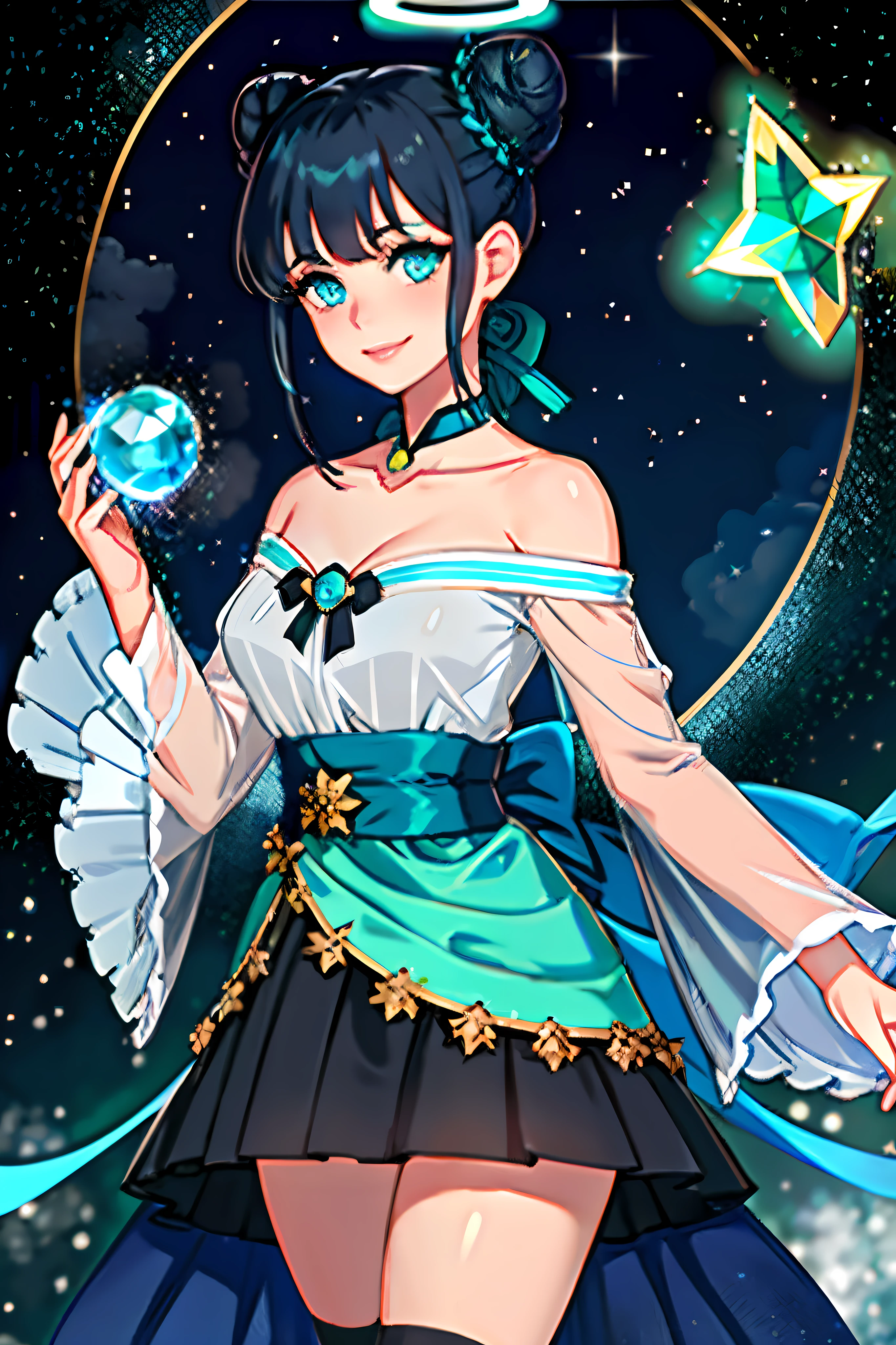 blue theme, 1girl, dark blue hair, updo, hair bun, double bun, swept bangs, eyelashes, aqua eyes, gem, lips, smile, (blush:0.7), collarbone, off shoulder, asymmetrical legwear, see-through sleeves, light particles, green, star \(symbol\), crescent, black background, tarot halo, standing