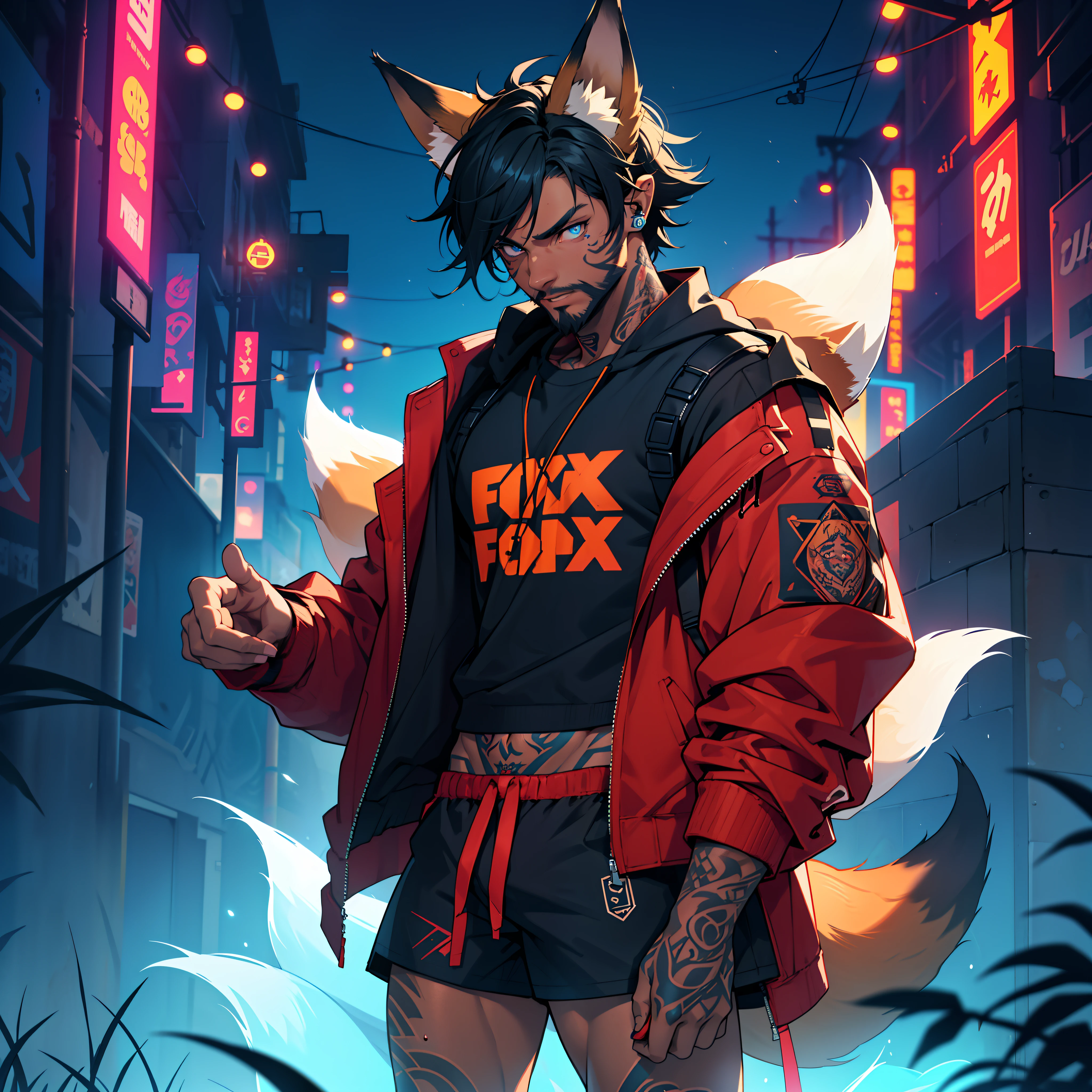 masculine young guy, short beard and ((dark tanned skin)), night rave scene, short cropped hair, ((has fox ears)), ((has fox tail)), wearing a streetwear shorts, wearing streetwear red jacket, ((he is solo)), ((he is alone)), has detailed glowing blue eyes, covered in ((tattoos)), muscular thighs
