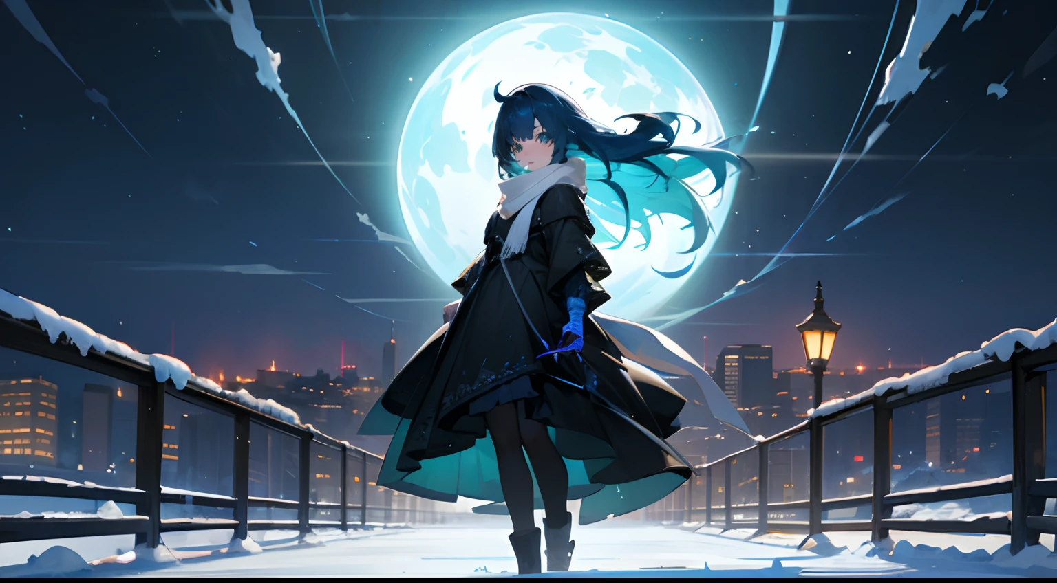 1girl, blue hair, thick hair, bangs, green eyes, black long sleeve dress, white scarf, night snowy city, irithyll of the boreal valley, streets, full shot, full body, beautiful and aesthetic, extremely detailed, colorful, highest detail, perfect face, HDR, perfect anatomy, light leaks, shiny skin, high quality, 1girl, 8k, 4k, RAW photo, official artwork, lonely feeling, lost in thoughts, scenery