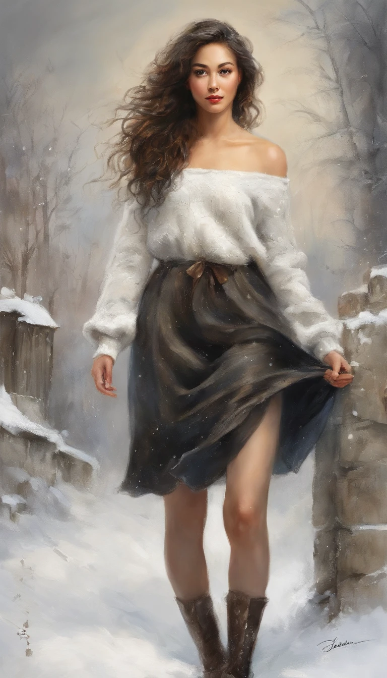 ((Looking back)), (((full bodyesbian))), ((Realistic)), ((From behind, From below)), ((off-the-shoulder clothes)), Beautiful young girl, Beautiful Korean model, cabellos largos dorados, curlies, By bangs, (slender leg), (cold light, the night, starrysky), (at winter season, nevando). ((White sweater, Short black skirt), Detailed scenes, the detail，Hyper-detailed, (correct hand), (??????? correct), (best qualtiy，tmasterpiece)