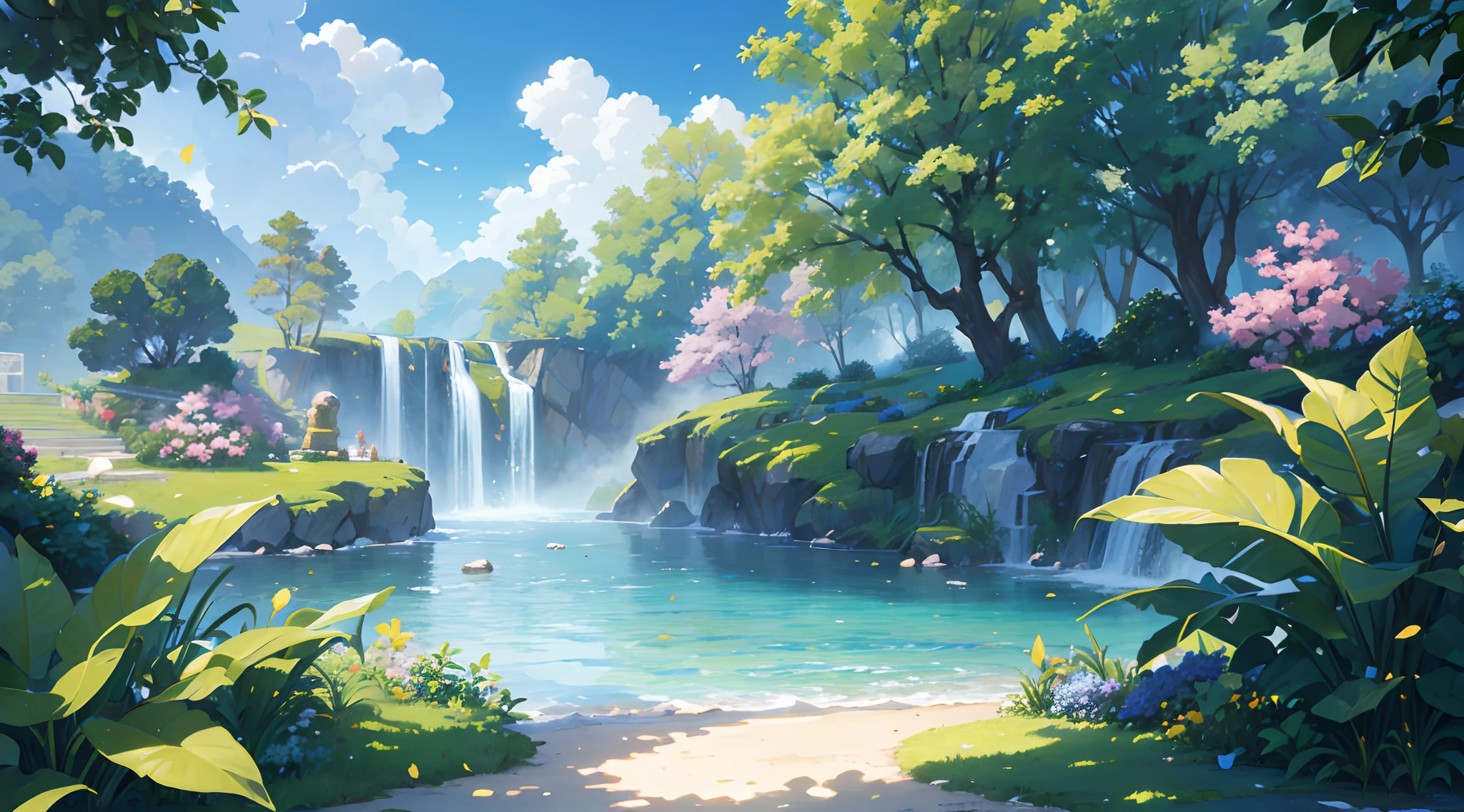 (Masterpiece), best quality, (very detailed CG unity 8k wallpaper) (best quality), (best illustration), (best shadows) Nature', blue sea, delicate leaves petals of various colors falling in the air light Tracking, super detailed
