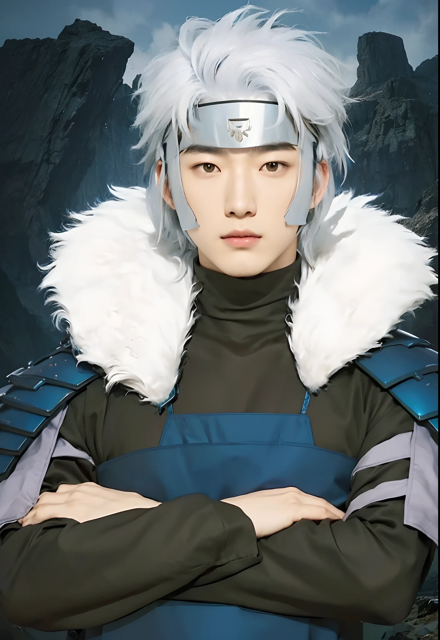 Real life adaption of this character, korean handsome face, ((Realistic Hair tousled upwards)),there is a iron plate on his head, ((realistic same outfit wear blue iron armor in the arms and chest and there is a White Rough haired collar)) , realistic background mountain, realistic light, realistic shadow, realism, hyper realistic,(photorealistic:1.2)