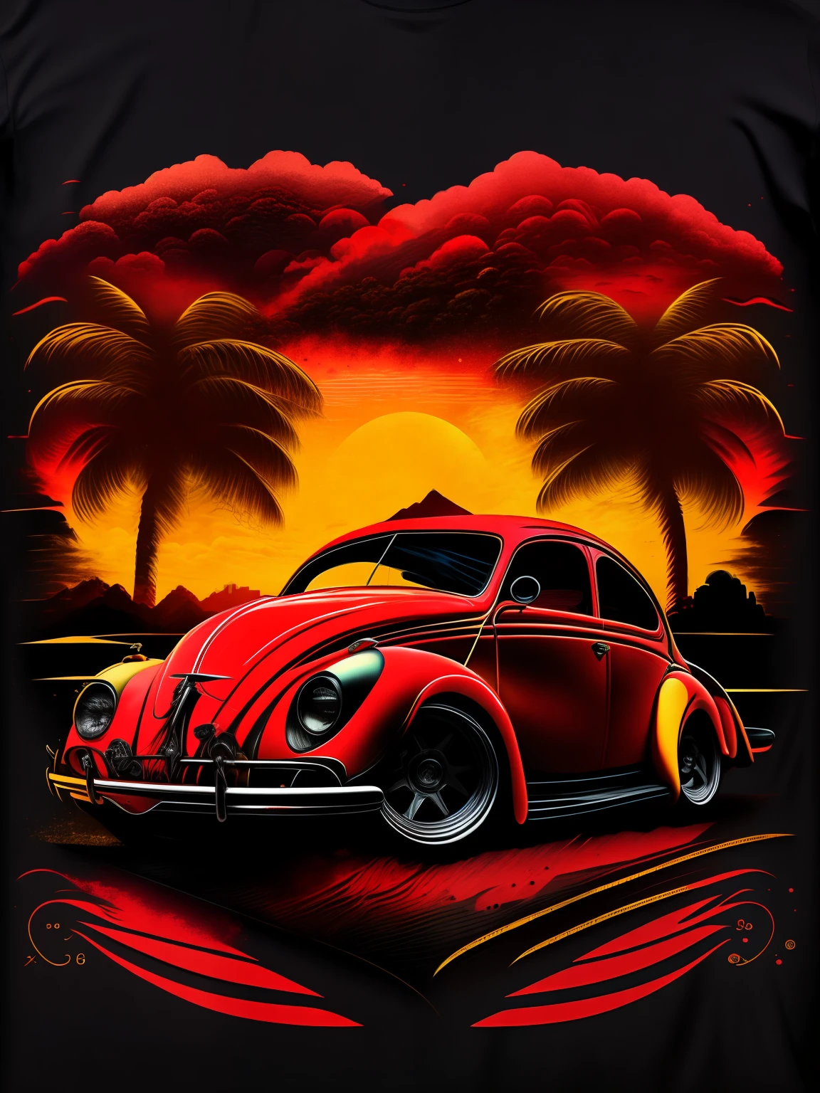 "carro, fusca paisagem urbana exuberante, design de camiseta vetorial pessonaliza estilizado, Intertwined contoured T-shirt ultra detailed colors Red, Yellow, Black, Light, Shimmering, Mid-Journey, arte vetorial vibrante, hydro74"