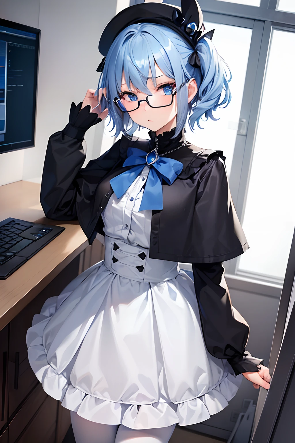 1girl in, lillaevil, Blue hair, Blue eyes, Short hair, black capelet, Skirt, White pantyhose, blue demon wings, blue-tinted eyewear, Mini Hat,, Indoors, hideout, Many computer monitors, phantom thief hideout,, ,