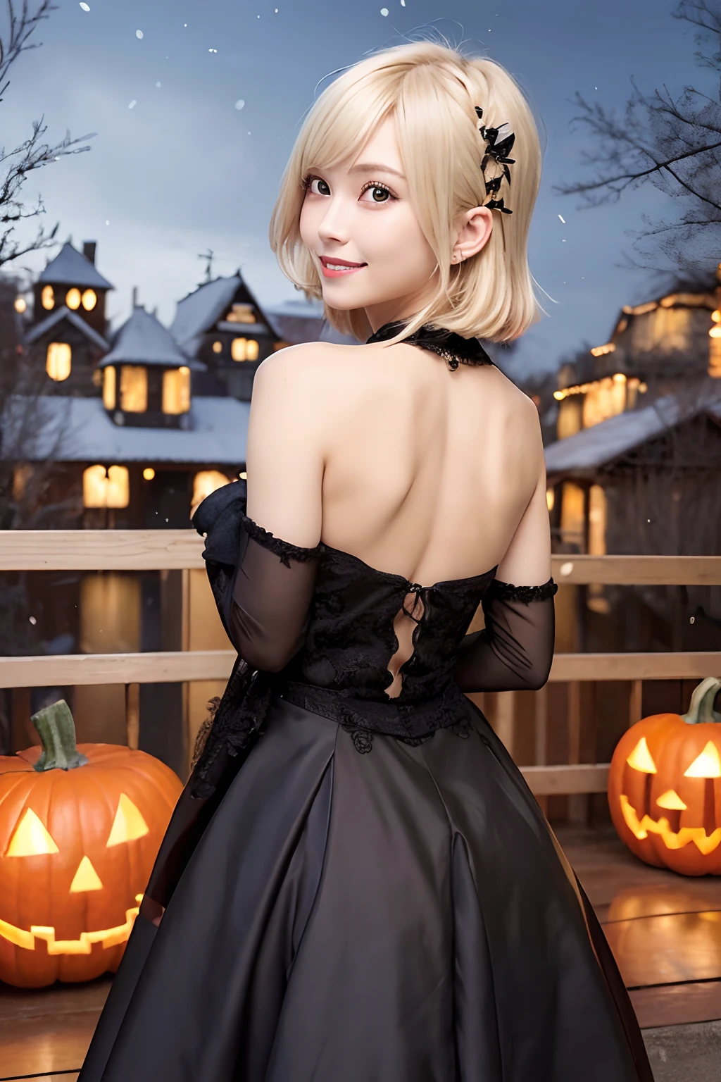 (Oil Painting, masutepiece, Best Quality, ultra-detailliert, Focus on character), short blonde hair, ([Back:0.8]|[ facing back:1.1]), A smile,open open mouth,Witch Cosplay、Halloween,pumpkins, ([Cold Scenario:1.2]|[ snowy background:1.3]| [High contrast:1.1])