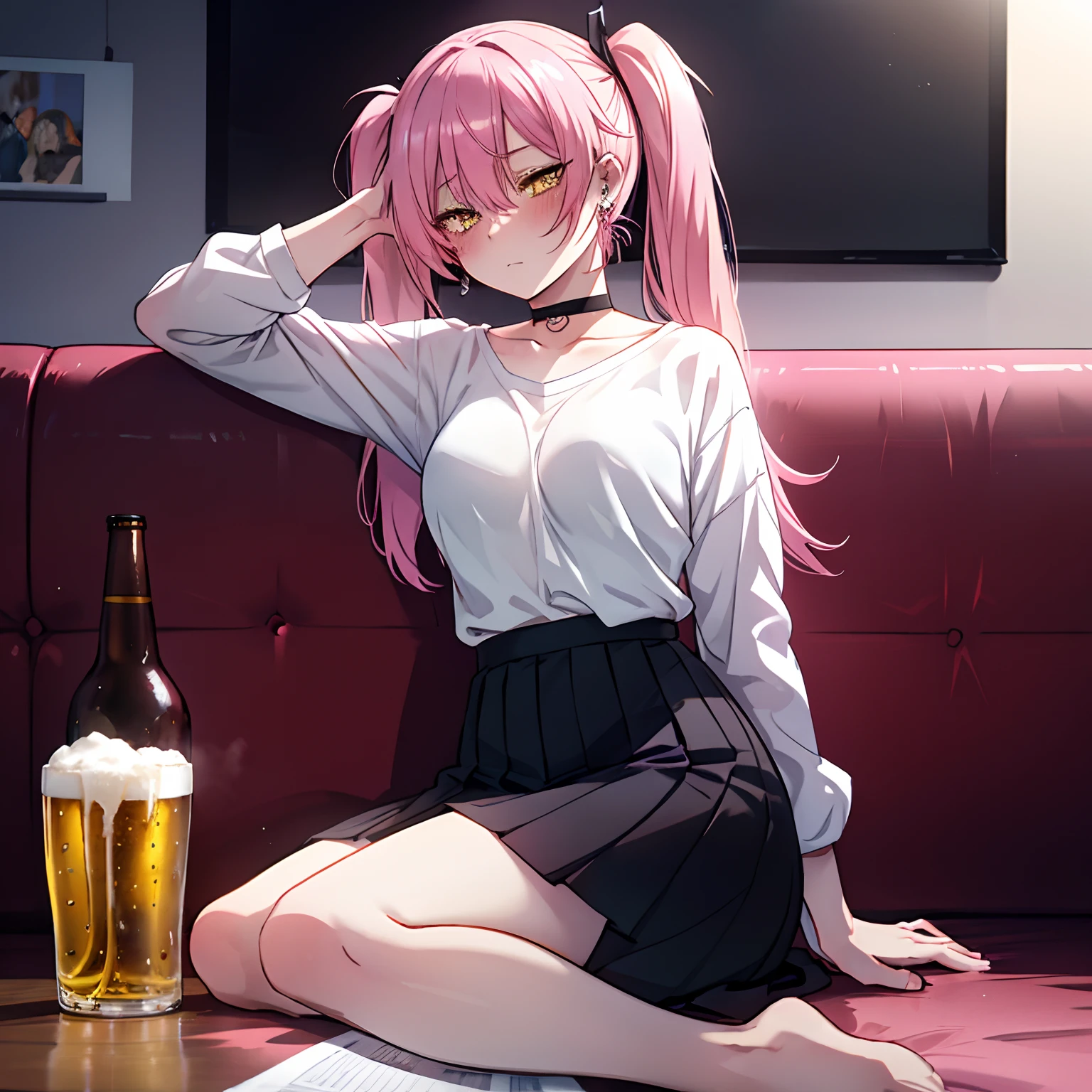 1 girl, yellow eyes, Twintails hair, long hair, pink hair, medium breasts, medium ass, Bobby pins, choker, bored facial, earrings, short skirt, white shirt almost falling off, sitting on a sofa, lazy, relaxed, sleepy face , bored, drinking beer, blushing from drinking, blurred background, ultra detailed, 8K wallpaper, reflection light, ray tracing, realistic