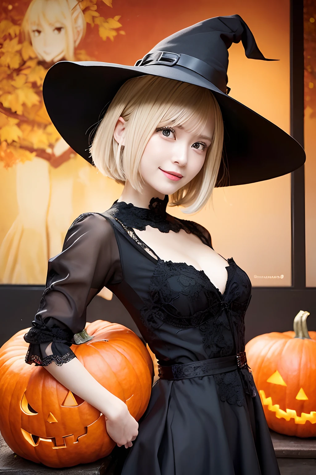 (table top,a 25 years old girl, detailed cutie face, beautiful balanced clear detailed eyes, detailed dropped eyes, ultra big smile, extremely detailed face,ultra slender body,short hair,anime style, (halloween costume):2.0), Highres fix,colorful lights, pumpkin decorations, haunted house, best quality, 4k, highres, masterpiece, realistic, photorealistic, photo-realistic, vivid colors, intricate details, fantasy, soft lighting, magical