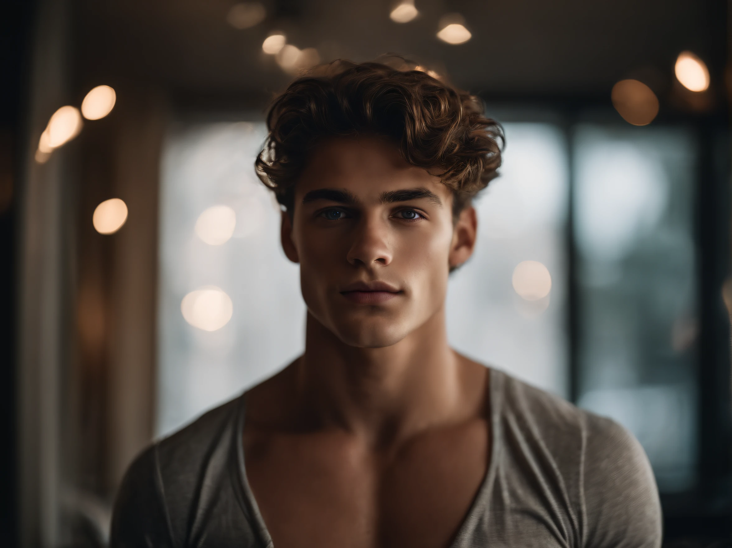 Portrait of a handsome male model, 16 ans, Barechest, sans barbe, avec sombre, messy wavy hair, Yeux bleu clair super clair, thick lips, defined muscles, accepter, ripped body, Prise de vue du corps entier, ultra highest detailed face, Darmatic Lighting, Dim Light, jambes ouvertes