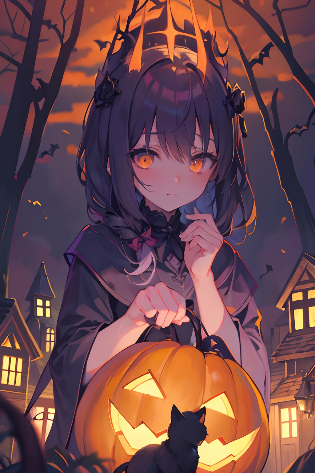 Create a fantastical Halloween illustration where the village, cloaked in the spirit of Halloween, exudes an eerie yet enchanting atmosphere. Imagine a moonlit night where the houses are adorned with glowing jack-o'-lanterns, casting haunting shadows on the cobblestone streets. Spooky creatures, such as ghosts, witches, and black cats, roam the village, adding to the mysterious ambiance. The air is thick with excitement and a touch of fright, making it a perfect Halloween scene.