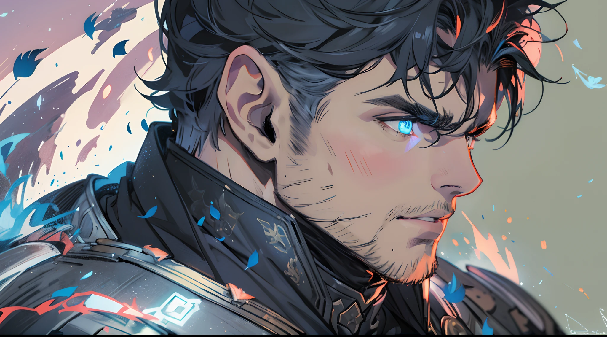 Highest quality, masterpiece, male, black super short hair, blue eyes, armor, cape, brightly colored, bright picture, paladin, muscular, short beard, mature, glowing particle special effects, church, national character face, tall, strong, rough face, falling feathers