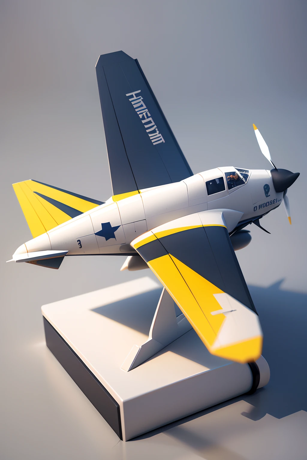 (3d low-poly plane on a desk), futuristic plane, low poly render, simple lightning, yellow, grey, navy blue, white, white background