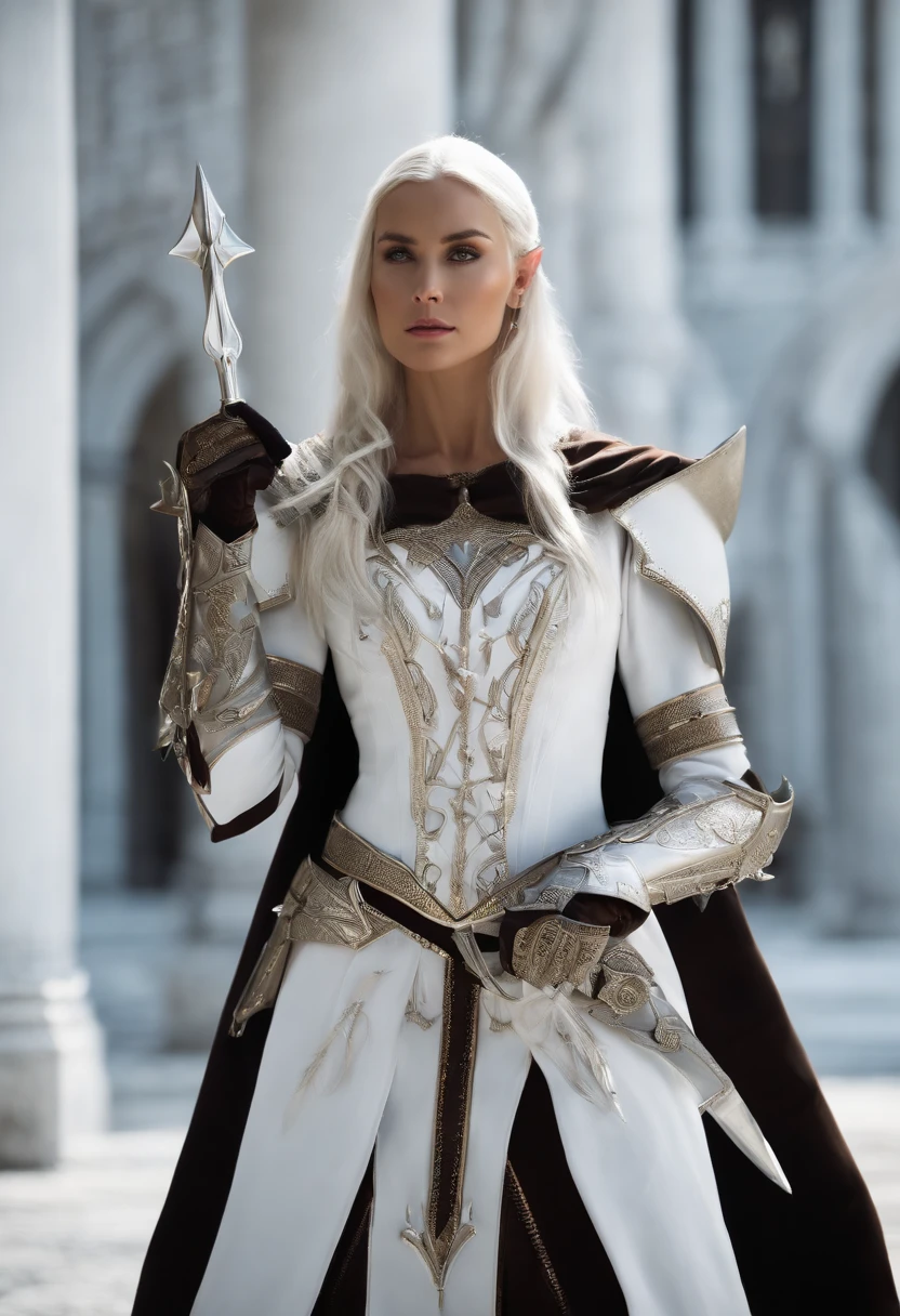 best quality, masterpiece, dynamic angle, elf, nun, {white armor}, black clothes, breastplate, gauntlets,