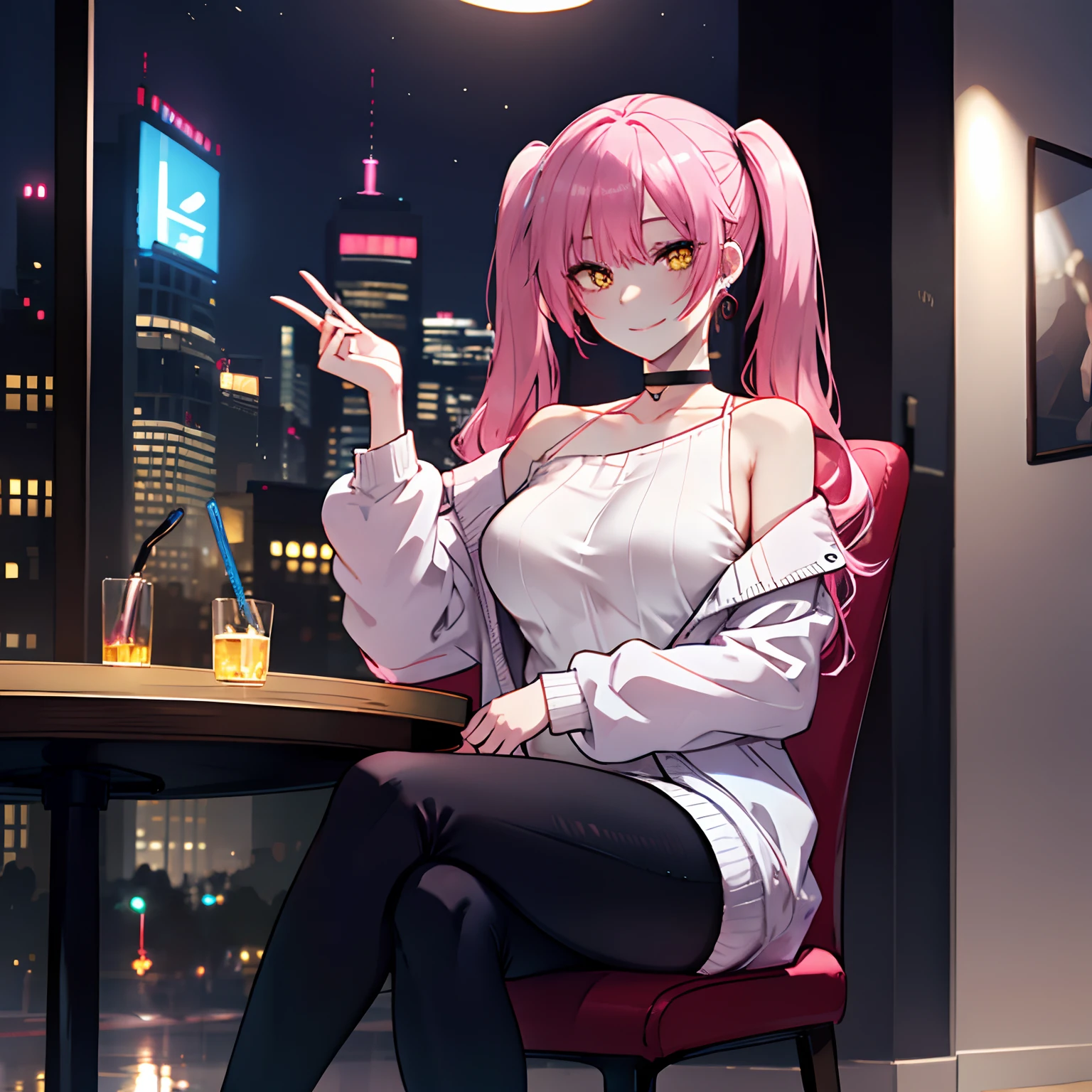 1 girl, yellow eyes, hair twintails, long hair, pink hair, medium breast, medium ass, smile, Happy, Bobby pins, Choker, smile, happy facial, city, Night, Earrings, Leggings, light gray drop shoulder sweater top, pink coat, Sitting at the table, table, chair, blurred background, legs crossed, ultra detailed, 8K wallpaper, reflection light, ray tracing, realistic