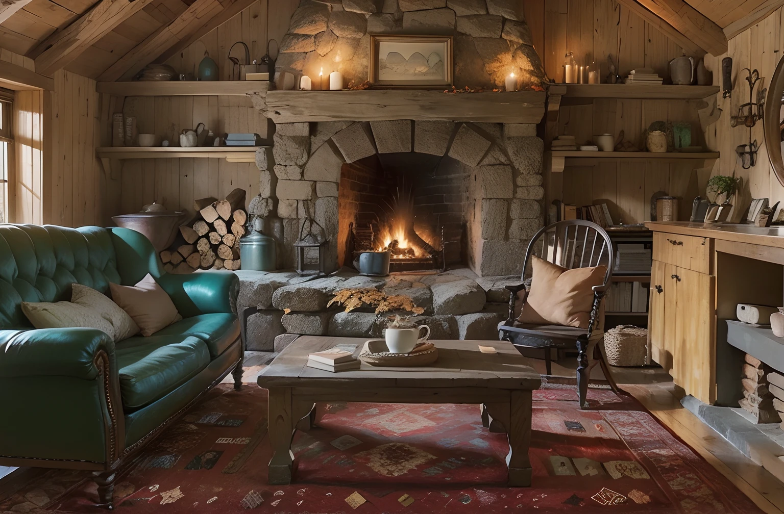 a cozy hobbit room in autumn, cozy autumn cloudy, interior with fireplace,with rounded windows, there's a cozy bookshelf full of books, a cozy coffee can and a coffee cup, a pile of firewood