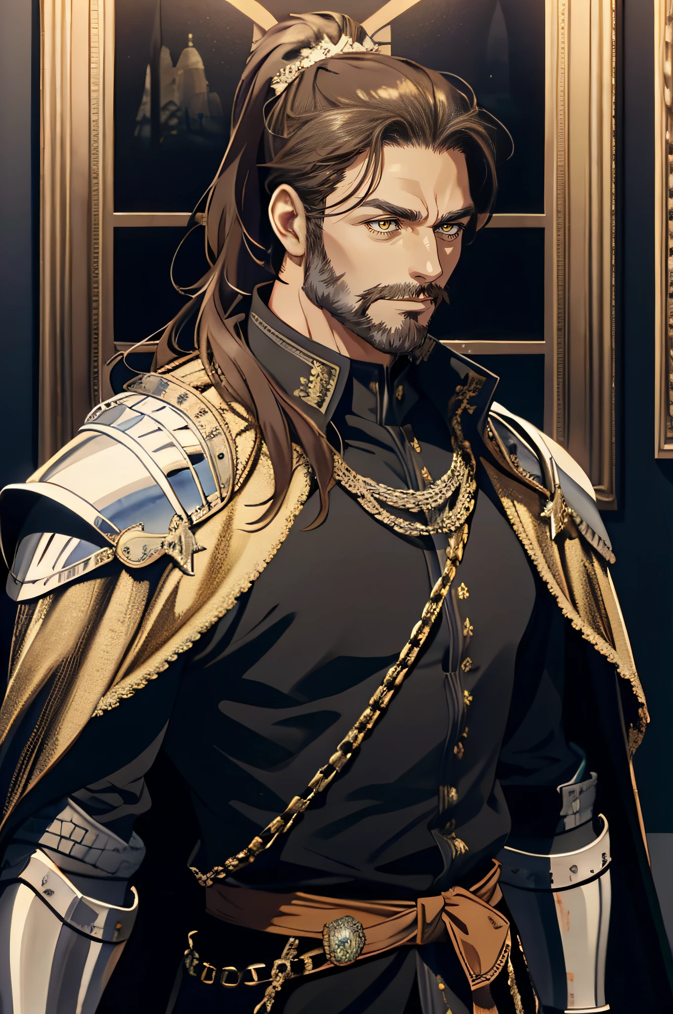 detailed 40-year-old man face, full brown beard, realistic anime yellow eyes, no emotions, strong, powerful