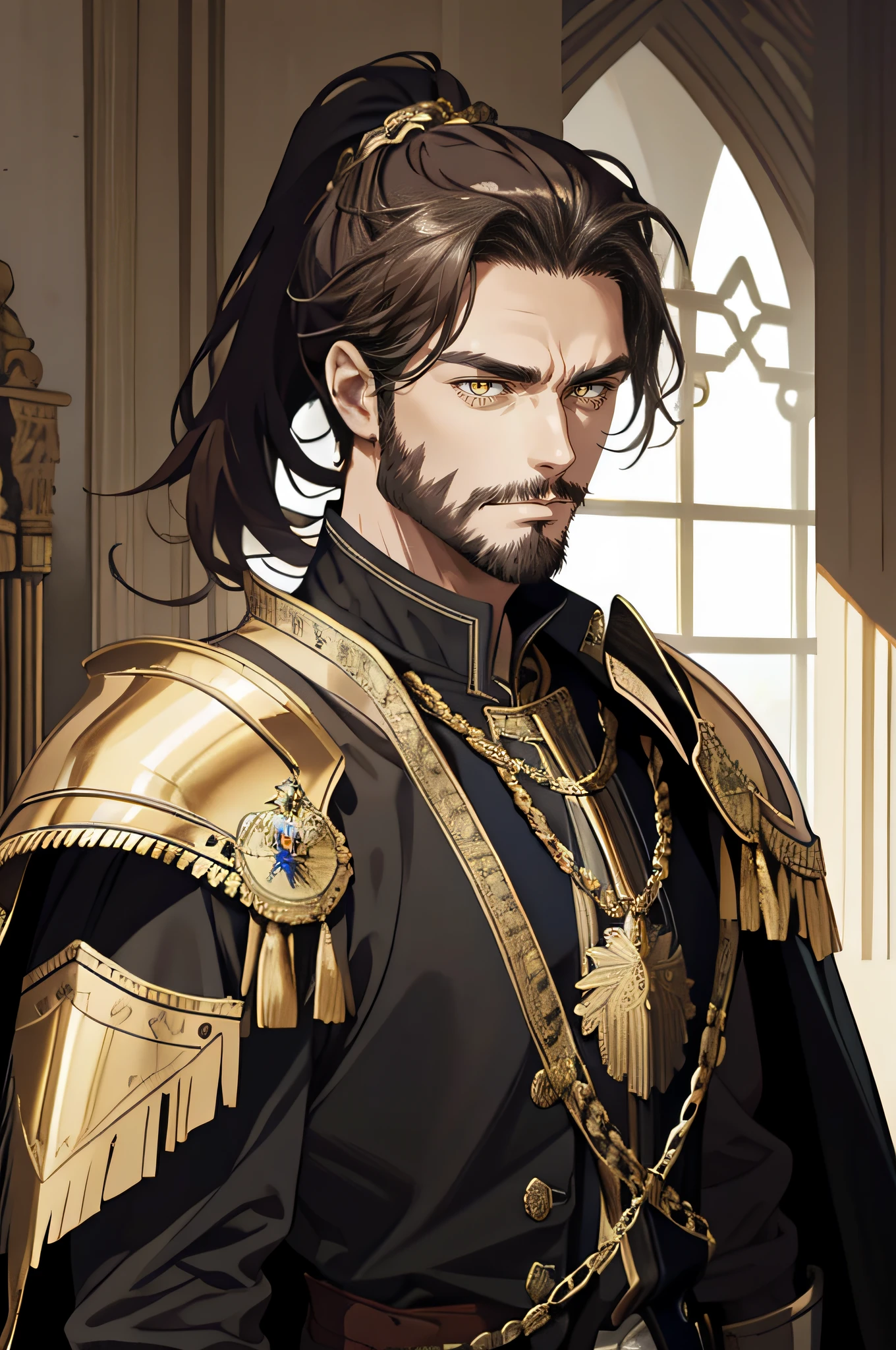 detailed 40-year-old man face, full beard, realistic anime yellow eyes, no emotions, strong, powerful