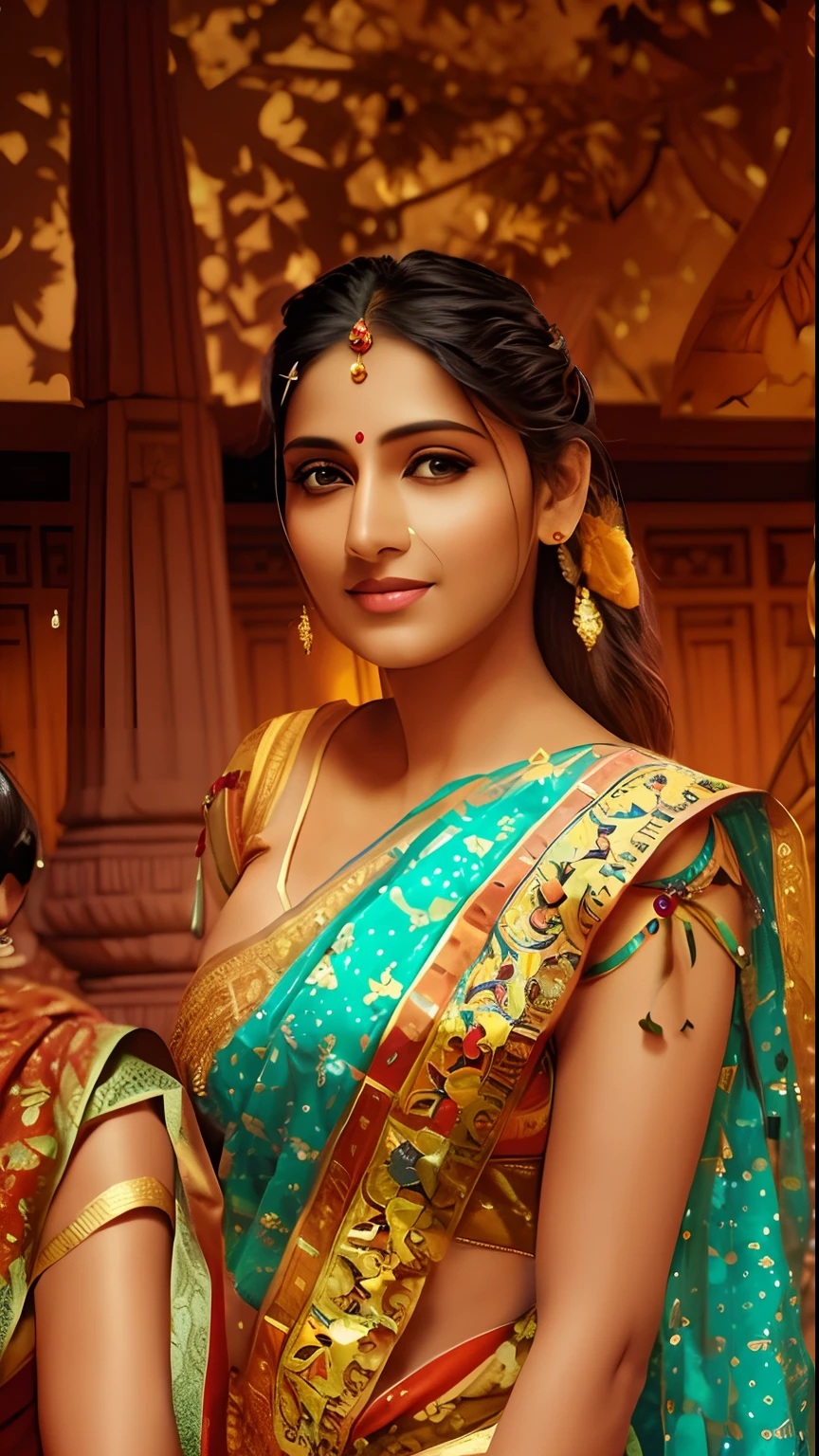 A woman in a sari poses for a photo, indian goddess, Traditional beauty, Indian, Beautiful goddess, Gorgeous Role Play, indian style, indian super model, beautiful teenage girl, Gorgeous woman, south east asian with long, provocative indian, gorgeous beautiful woman, intricate outfits, hindu aesthetic, Beautiful extremely detailed goddess shot, Jaw-dropping beauty, Big boobs, deep cleavage, realistic face
